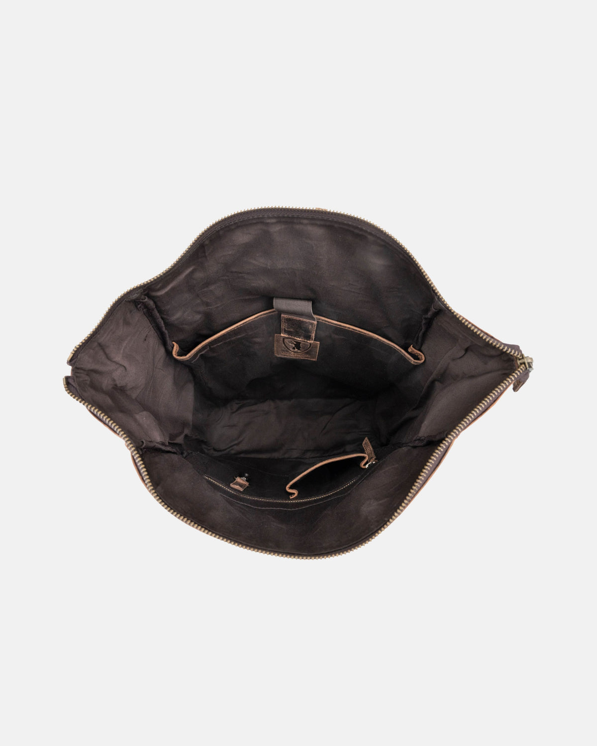 Top view showing inside of open earth leather backpack