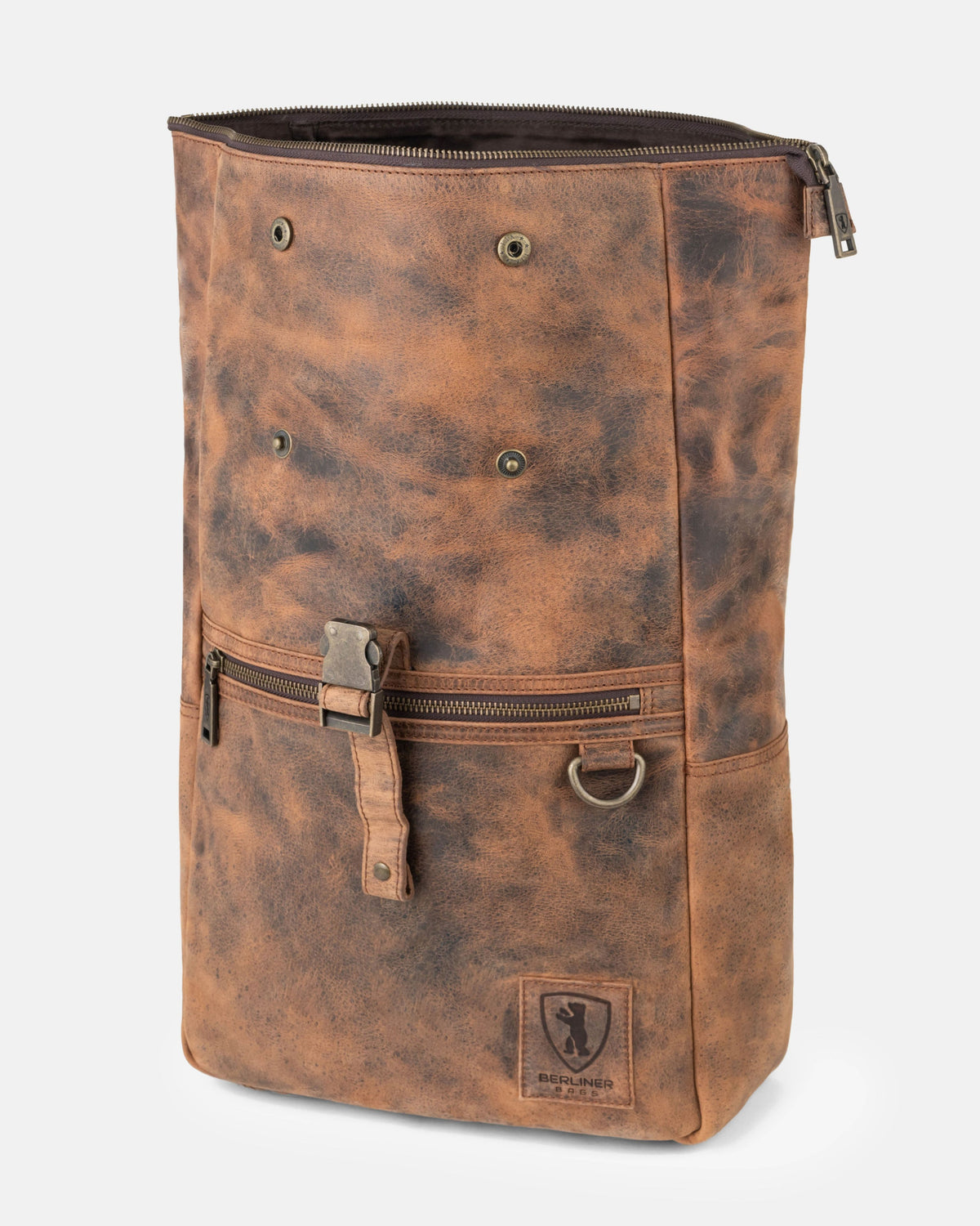 Side view of unrolled earth leather backpack with snaps