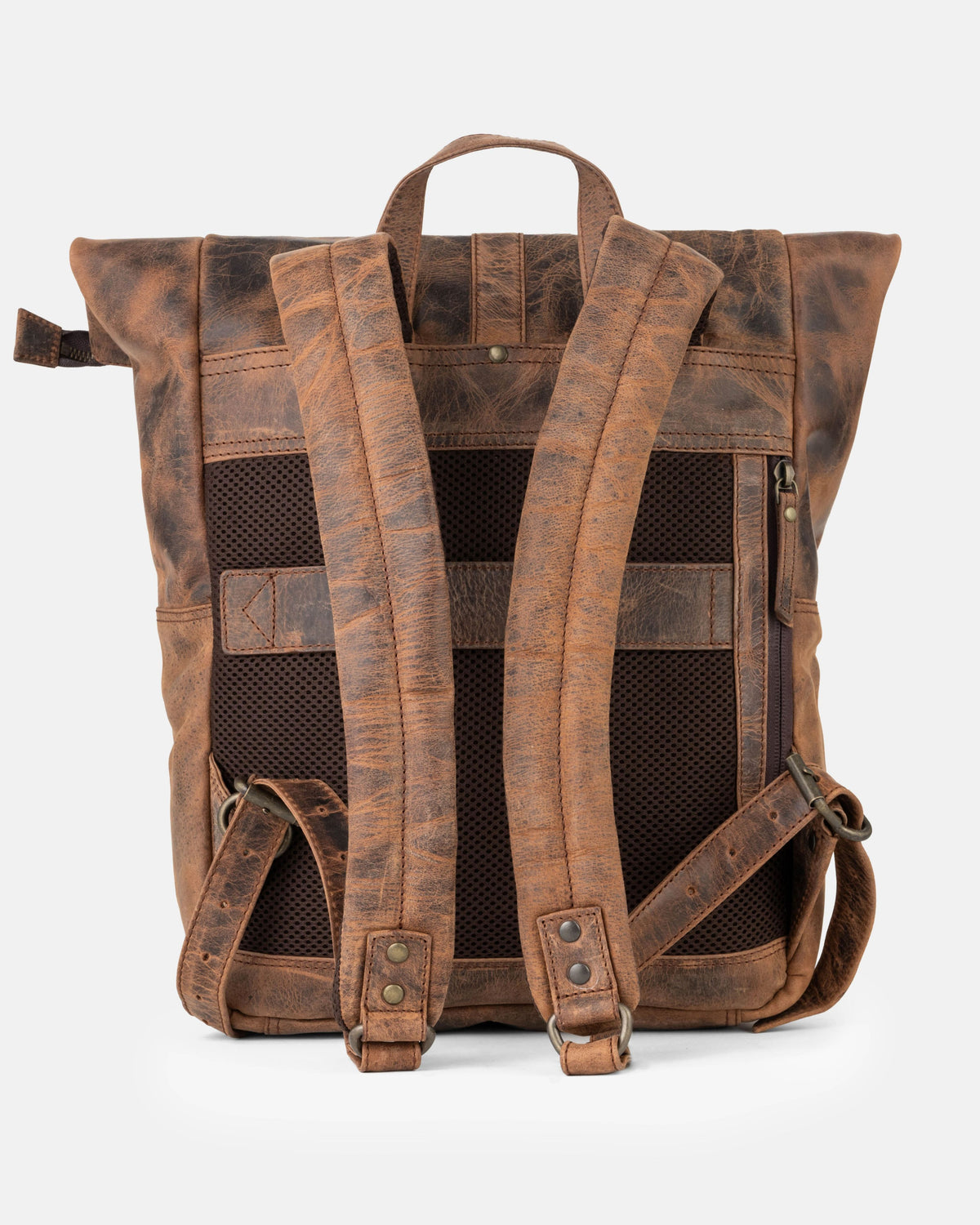 Back view of earth leather backpack bag with mesh