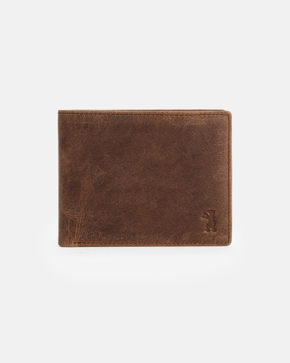 Front view of walnut leather wallet without ID flap