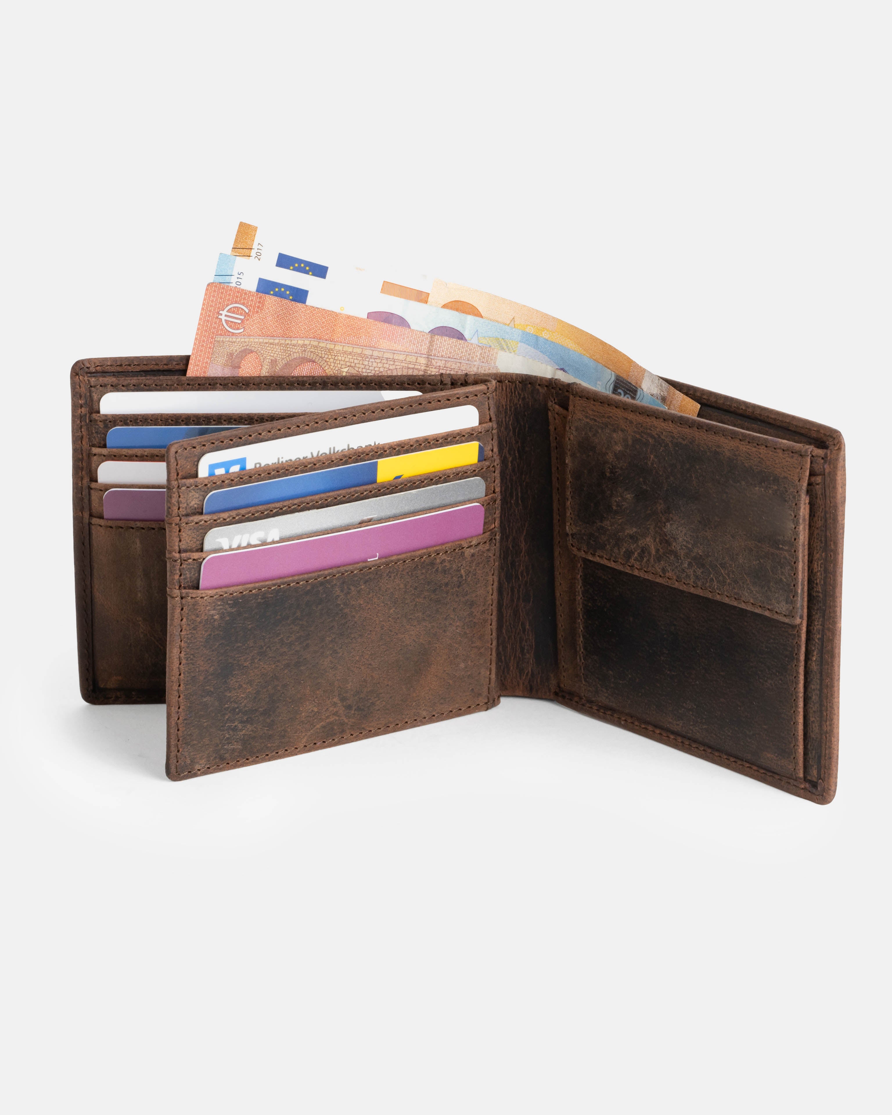 Open view of earth leather wallet with ID flap showing inside