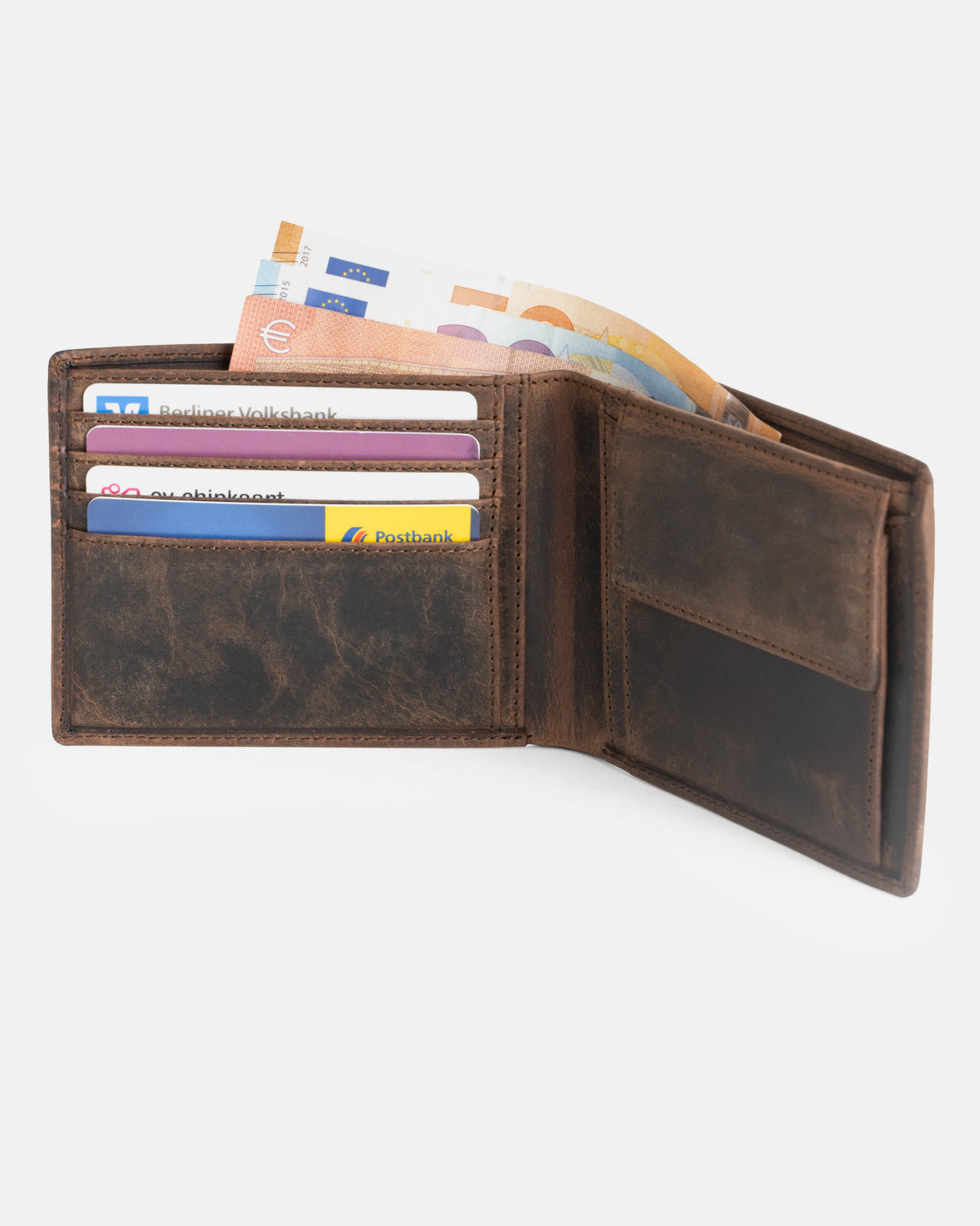 Open view of earth leather wallet without ID flap showing inside