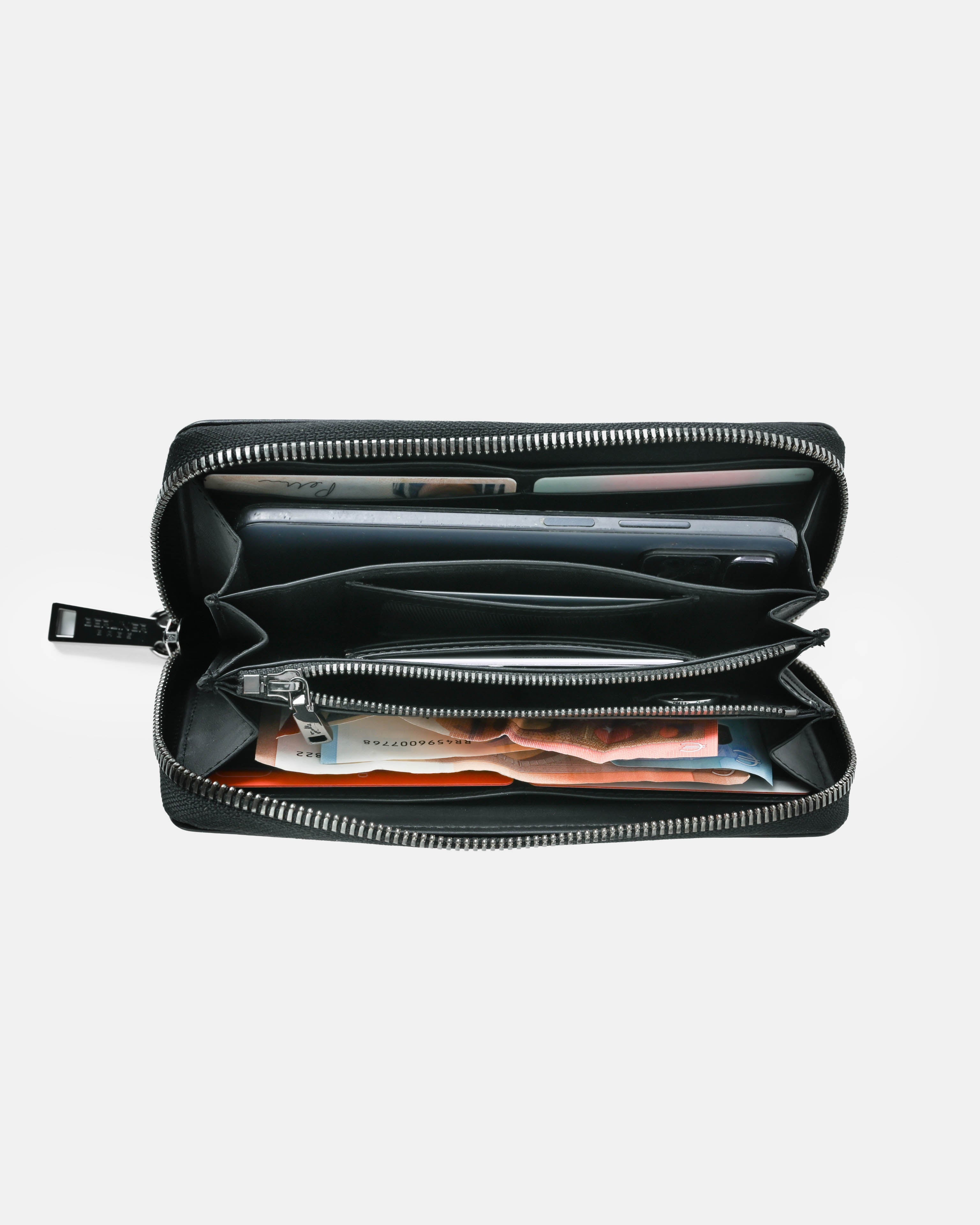 Open view of black emboss leather wallet displaying various card slots