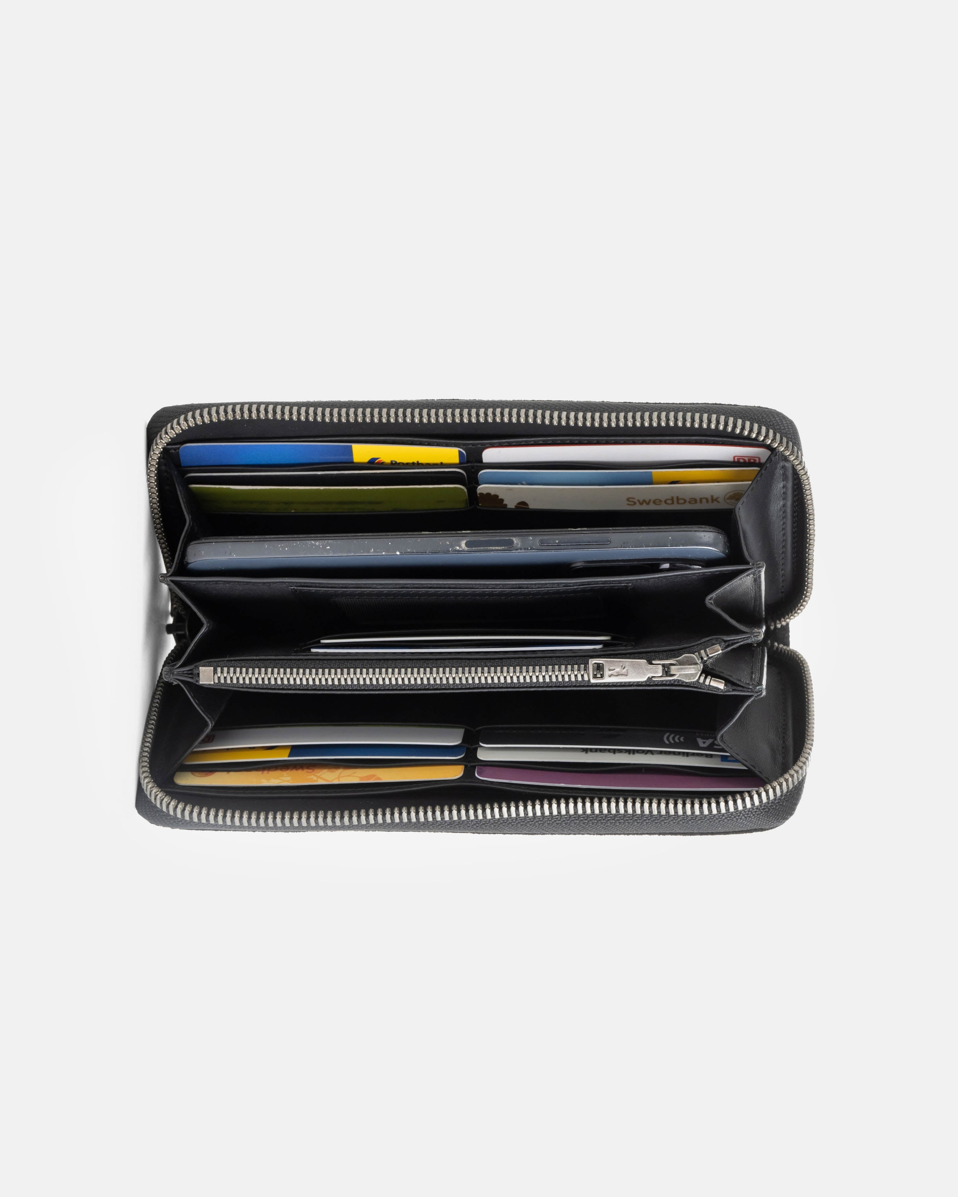 Open view of suede black leather wallet displaying various card slots