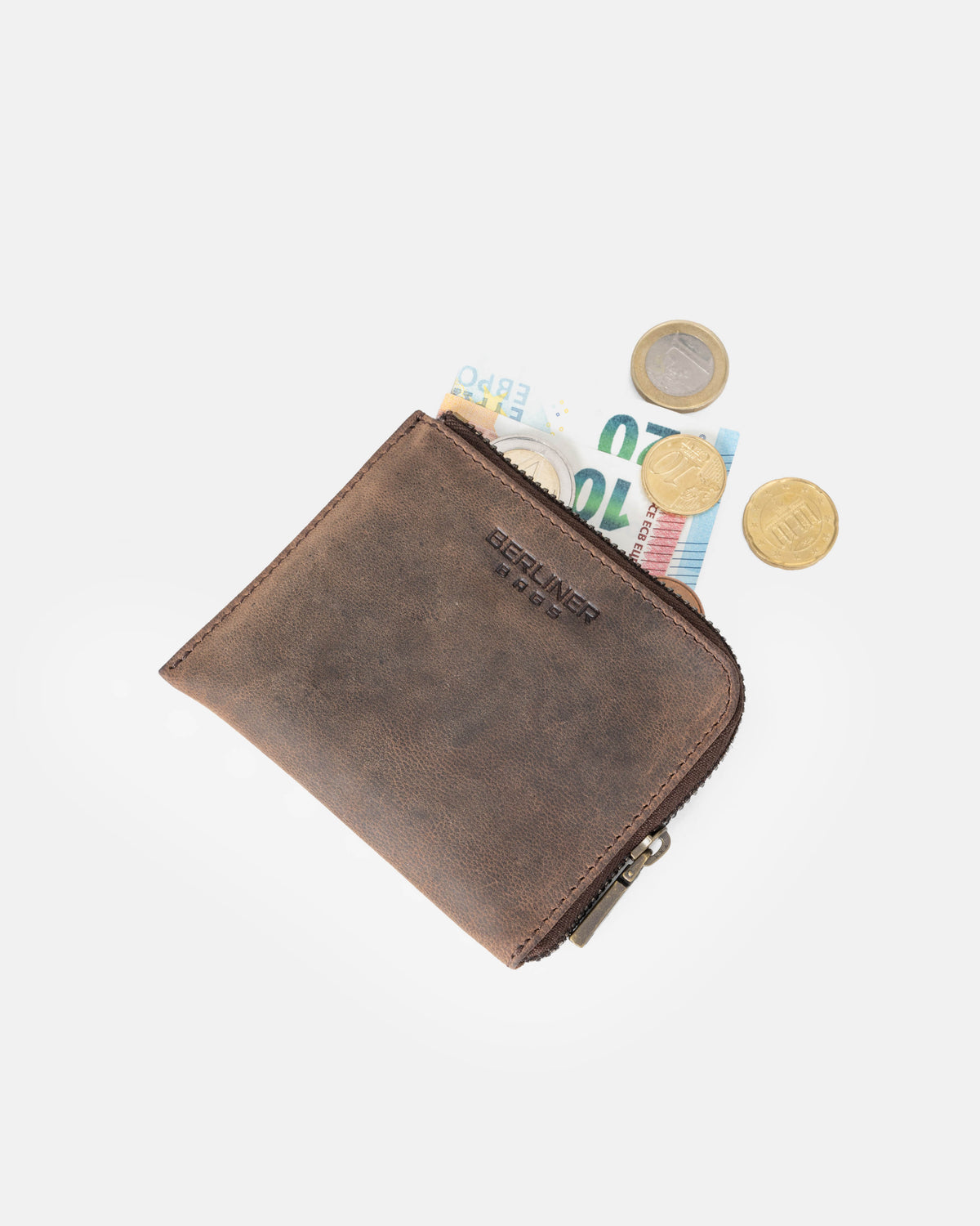 Opening espresso leather wallet showing coin and cash inside