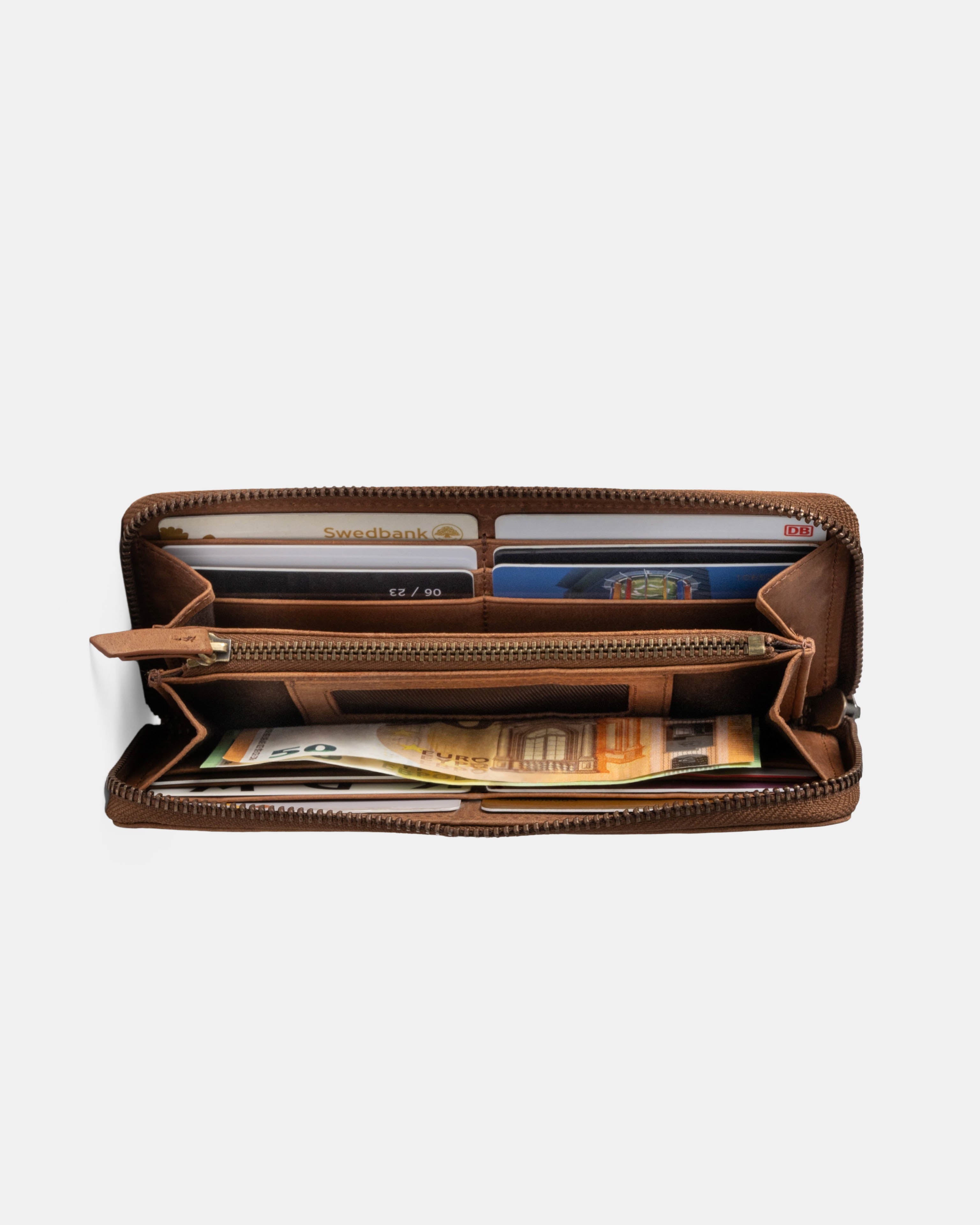 Top-down view of camel wallet showing all cards and cash slot
