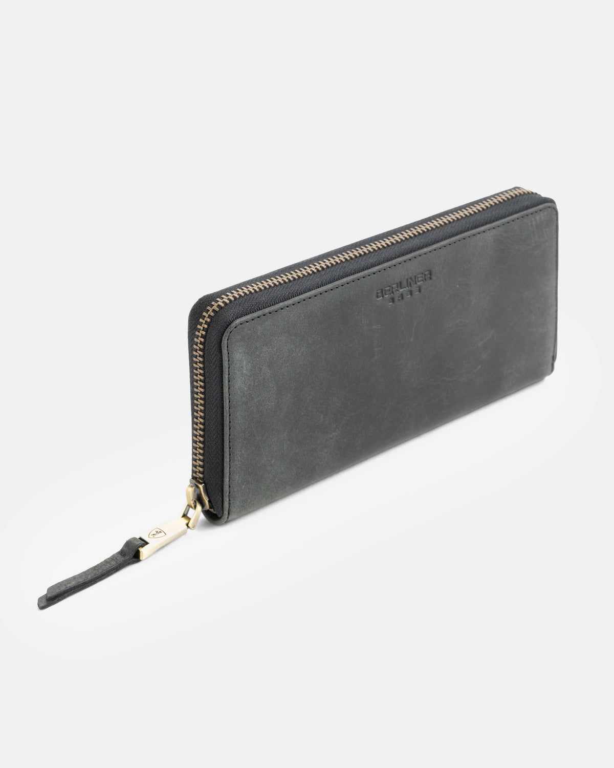 Side view of dark grey leather wallet