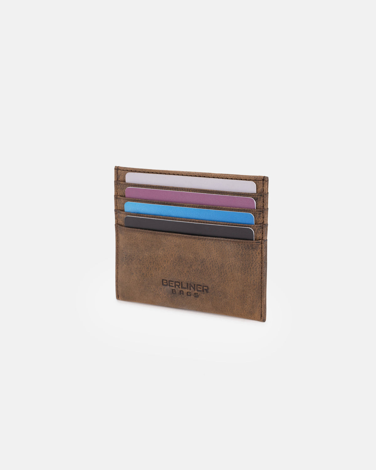 Front view of espresso leather card case with all slot filled