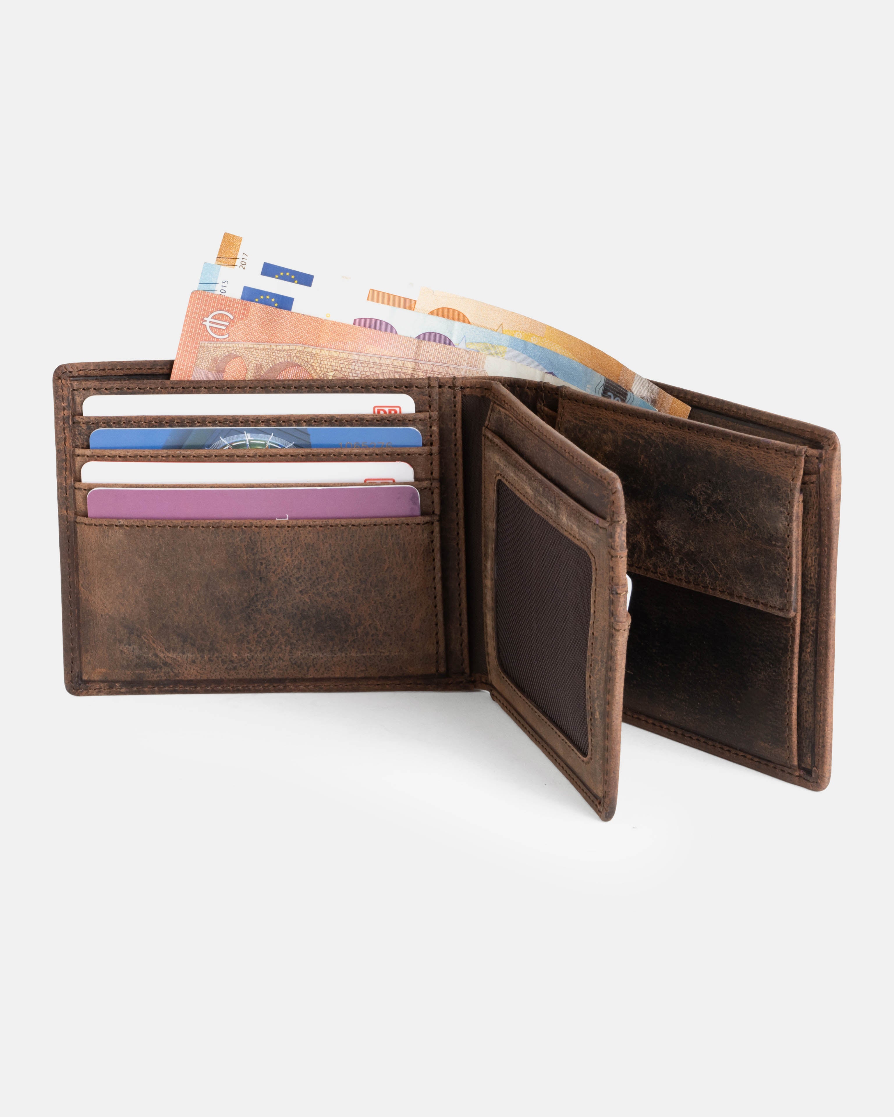 Open view of earth leather wallet with ID flap showing inside