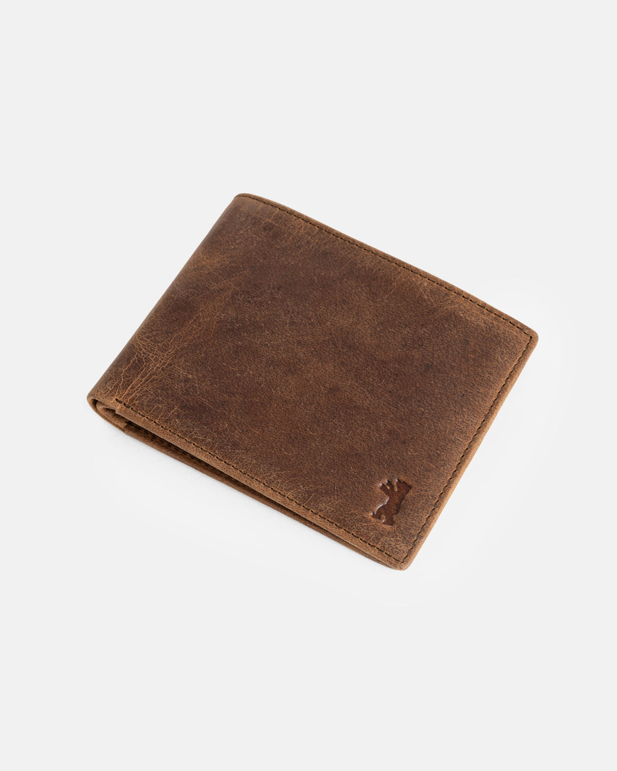 Front view of a walnut leather wallet without ID flap