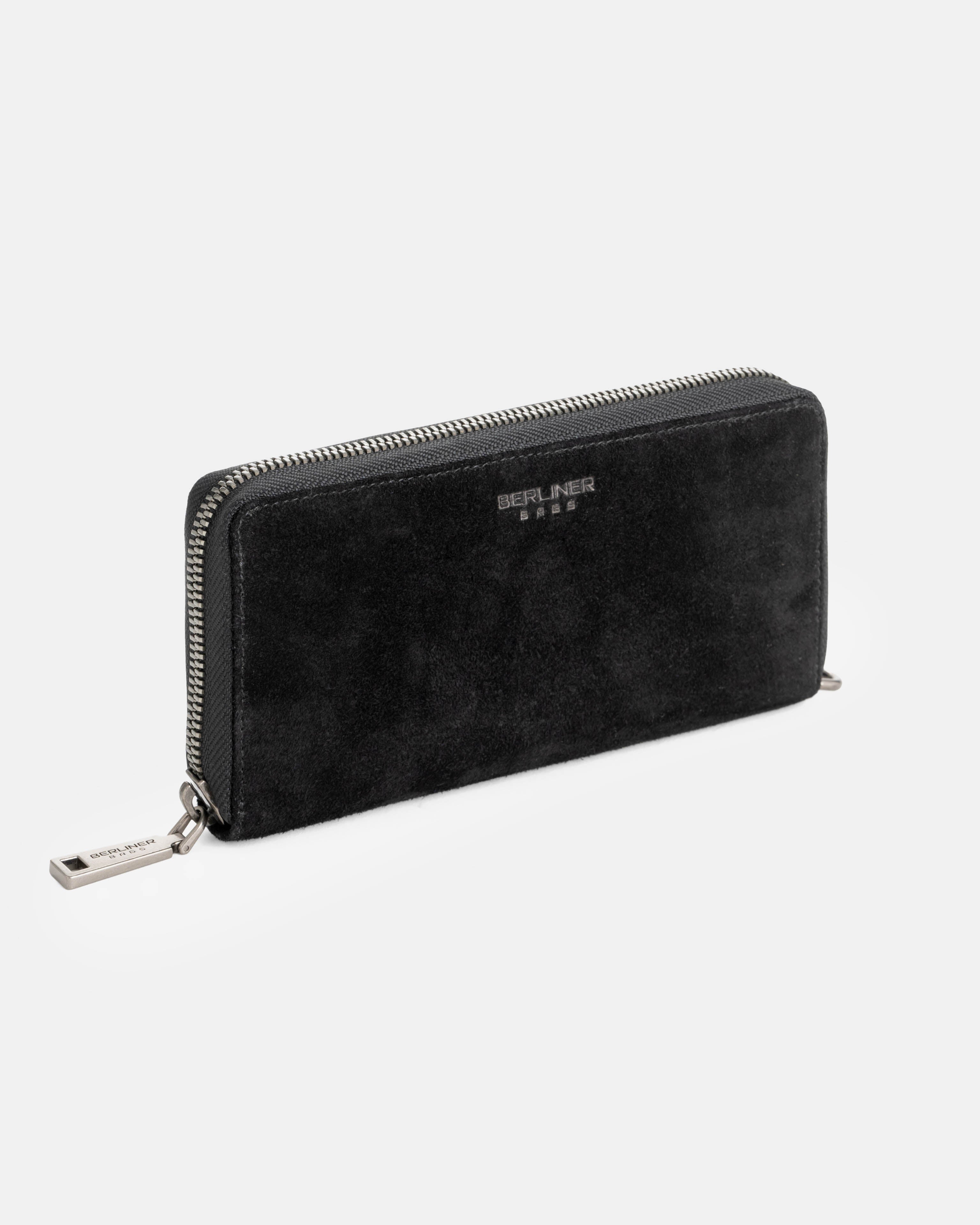 Three-quarter view of suede black leather wallet