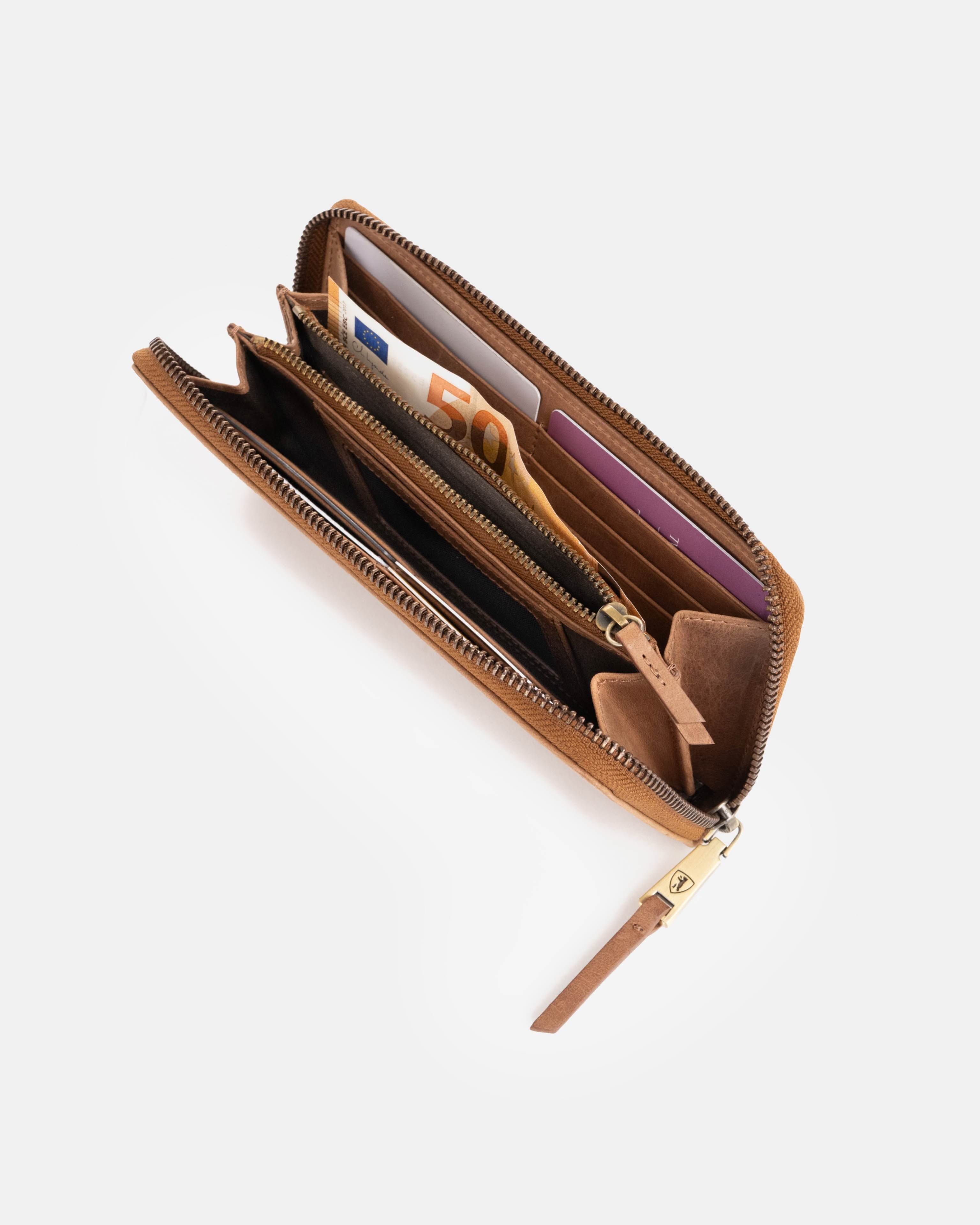 Top-side view of camel wallet showing inside slot