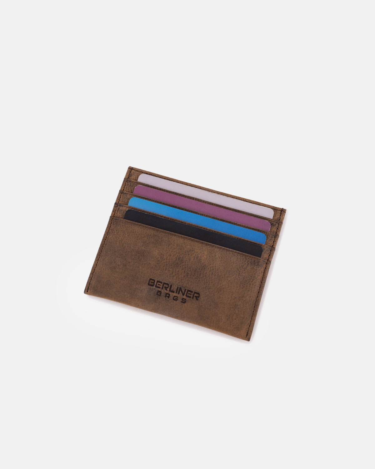 Front view of espresso leather card case with all slot filled