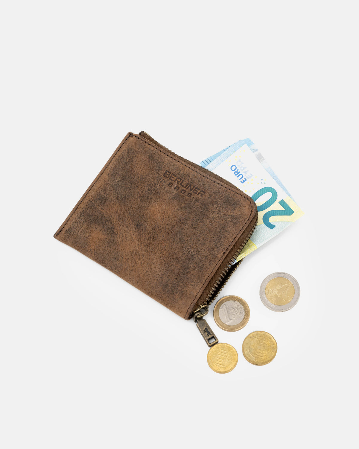 Walnut leather wallet with coins and cash