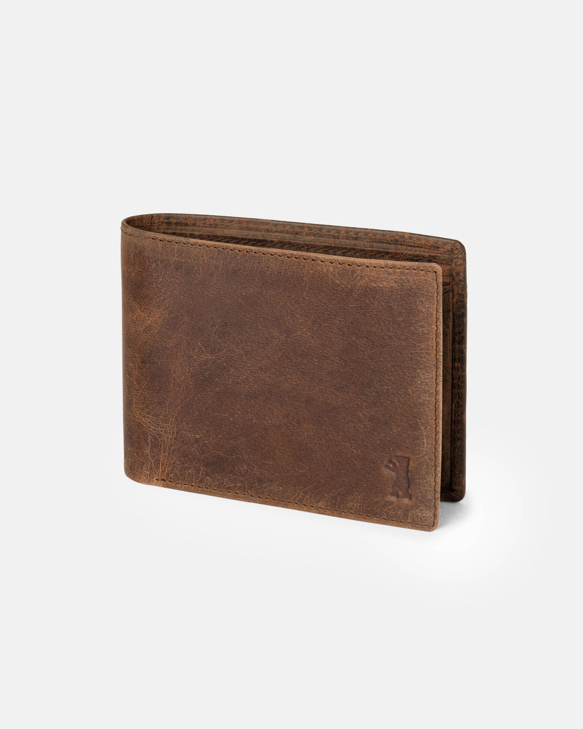 Side view of walnut leather wallet without ID flap