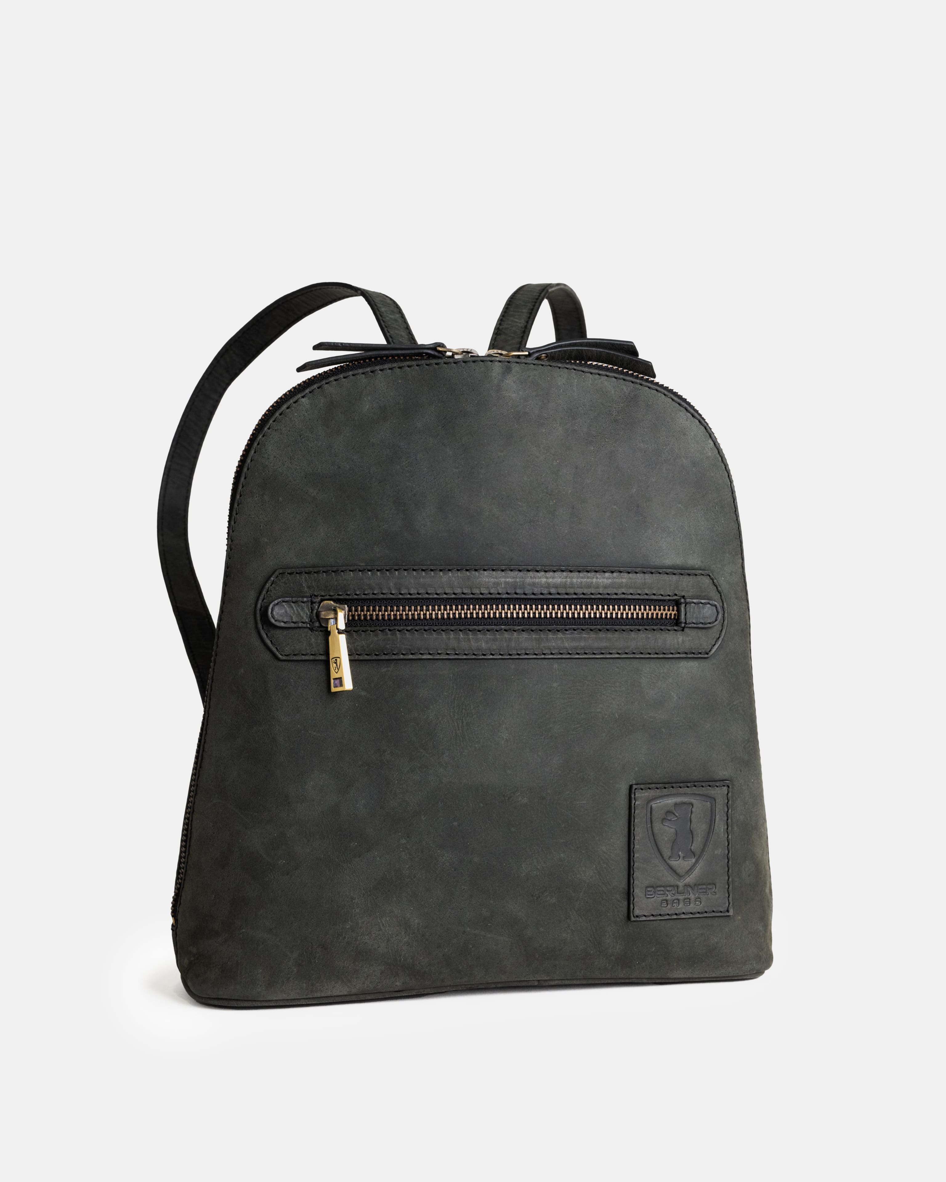 Front studio view of dark grey leather zip-around backpack