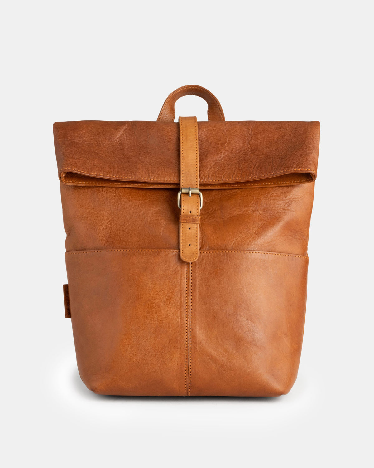 Front view of vintage leather roll-top backpack featuring central buckle strap.