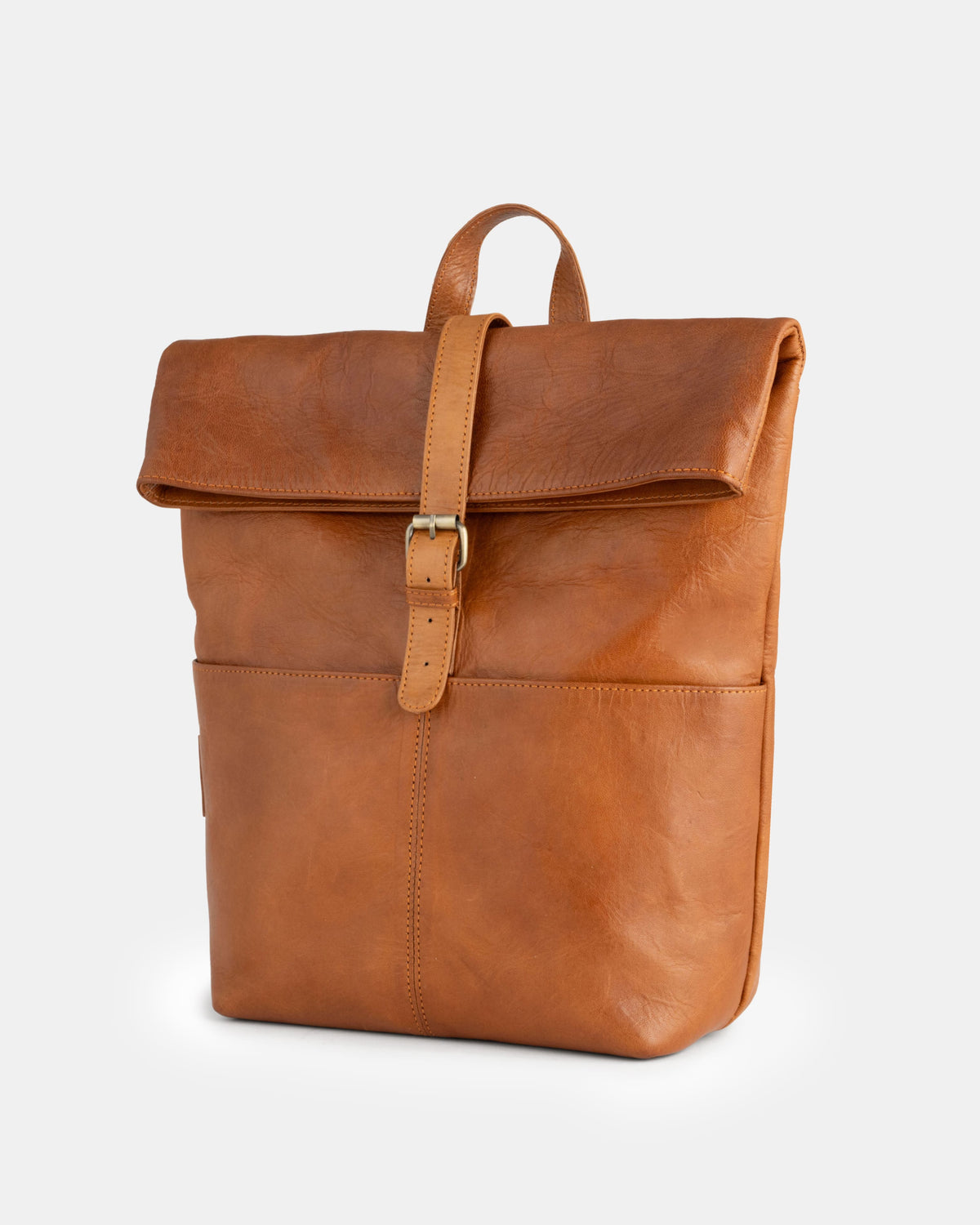 Three-quarter view of vintage leather roll-top backpack