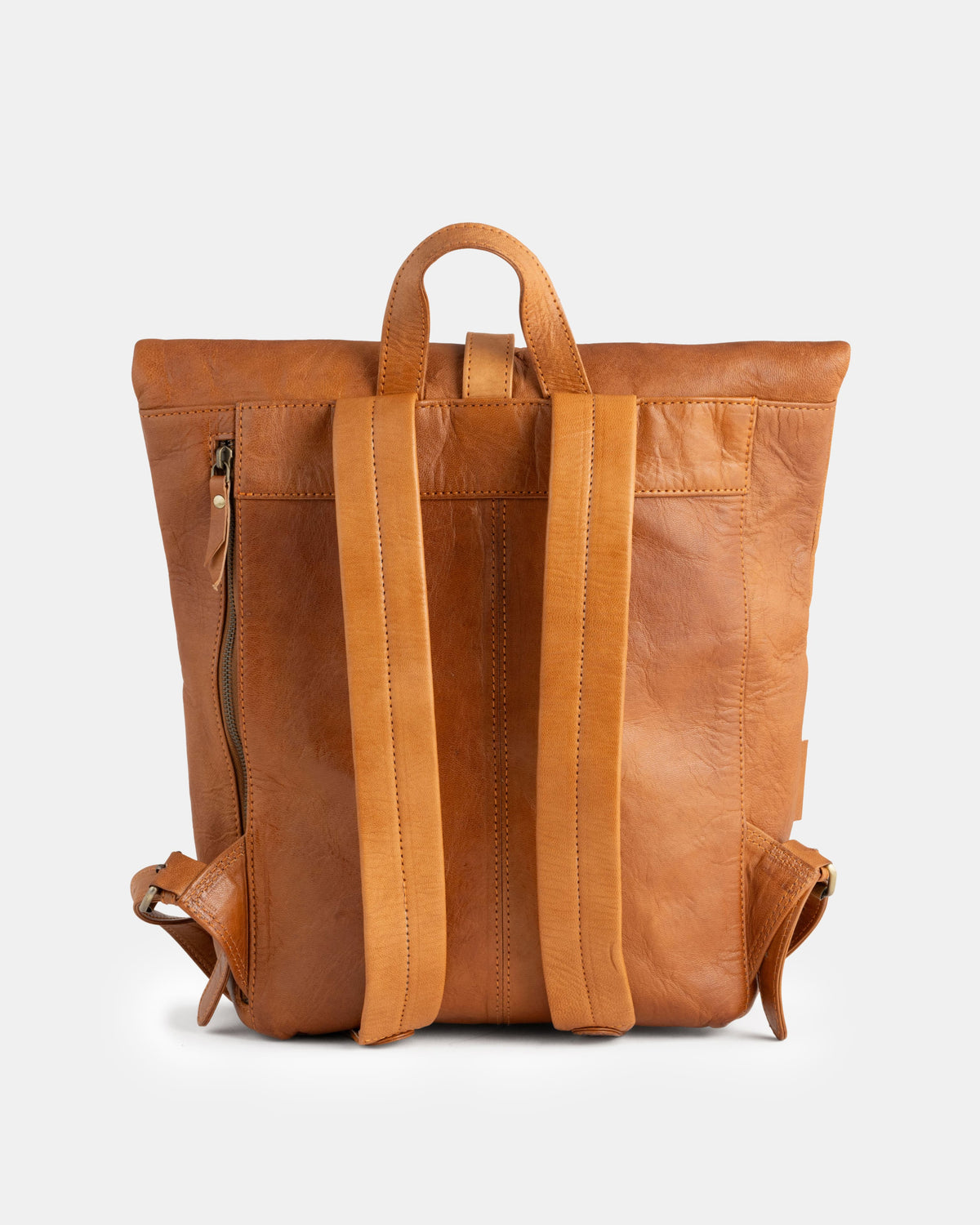 Back view of vintage leather roll-top backpack