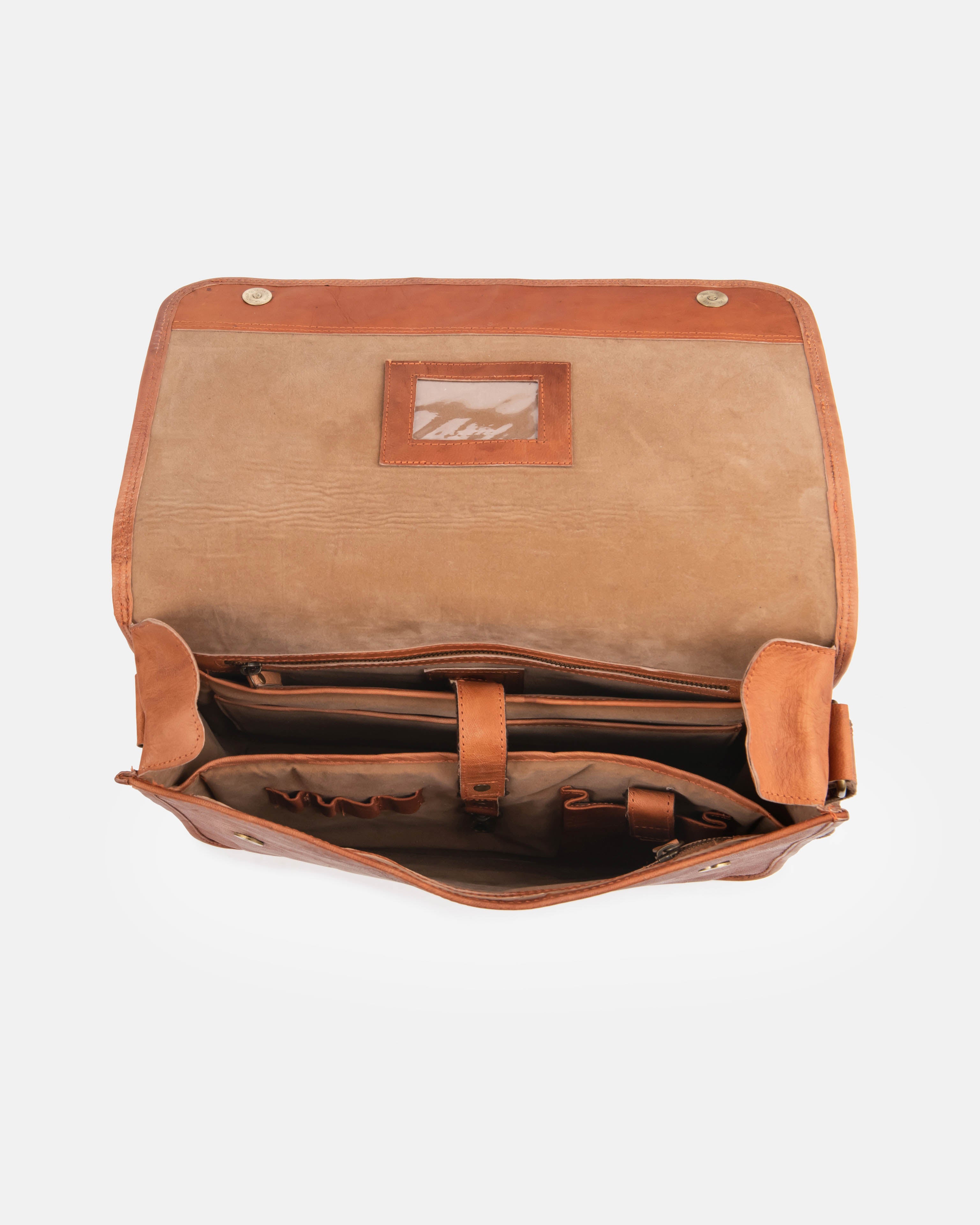 Top-down open view of a minimalist vintage leather messenger bag showing its empty internal compartments, a central leather securing strap, pen loops, and a small card slot