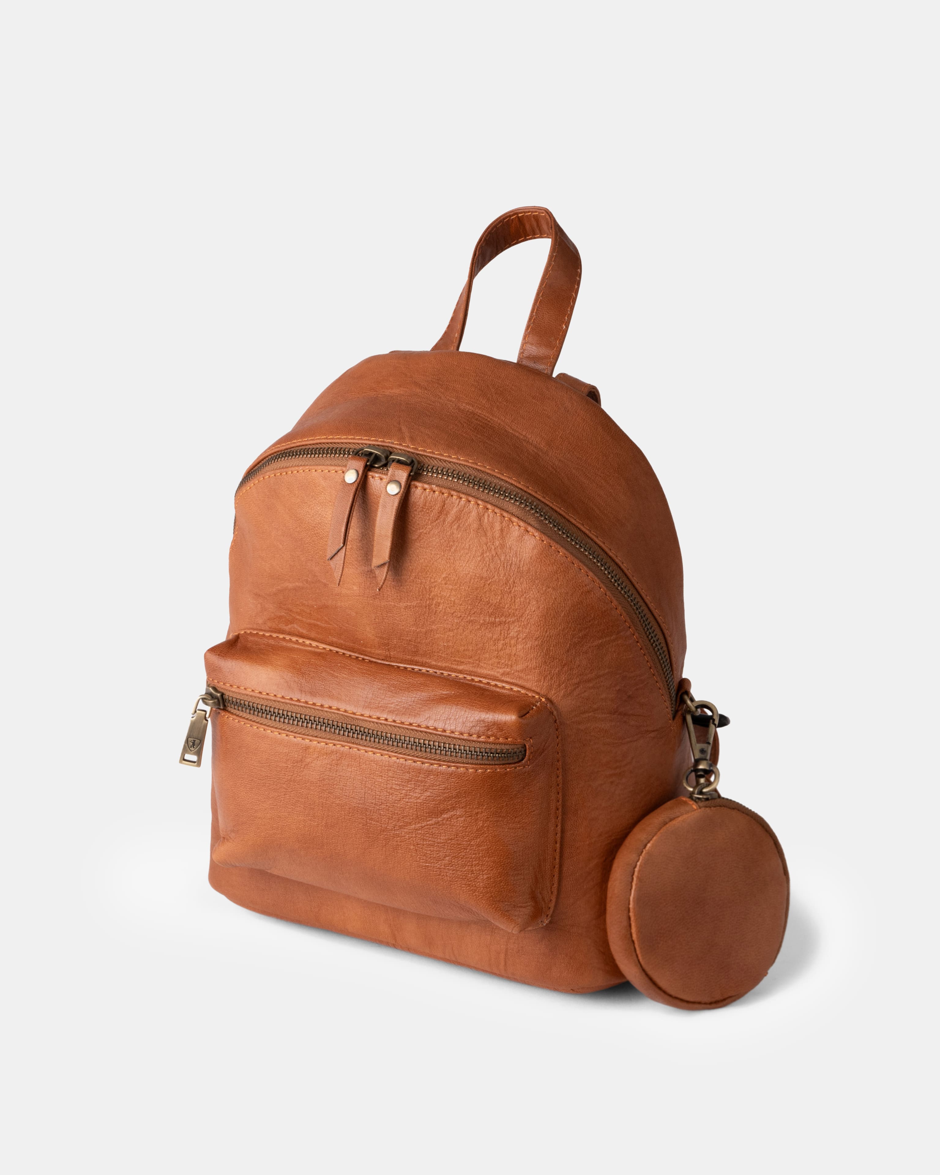 Three-quarter view of vintage leather zip-around backpack with attached coin purse.