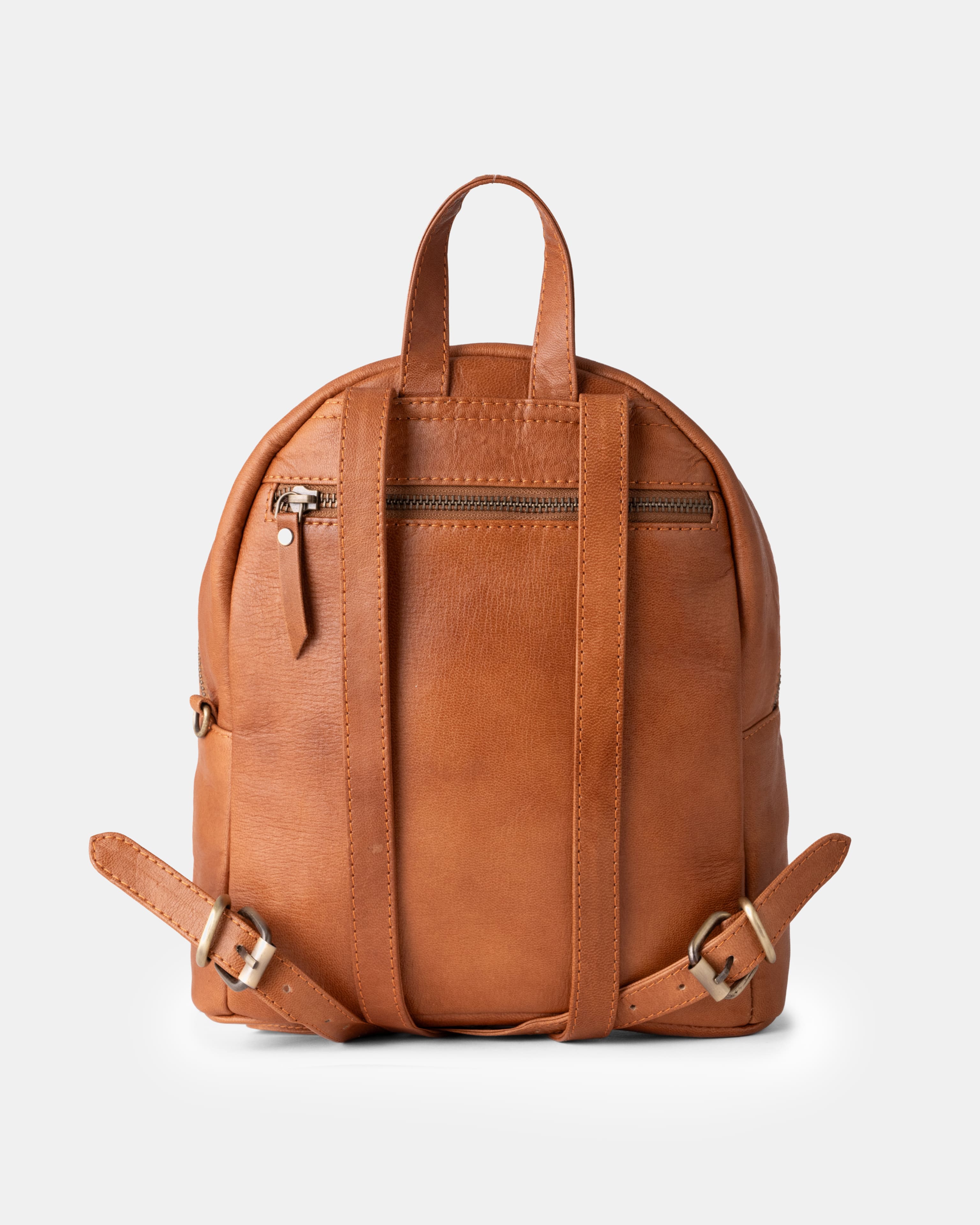 Back view of vintage leather zip-around backpack showcasing flat shoulder straps.