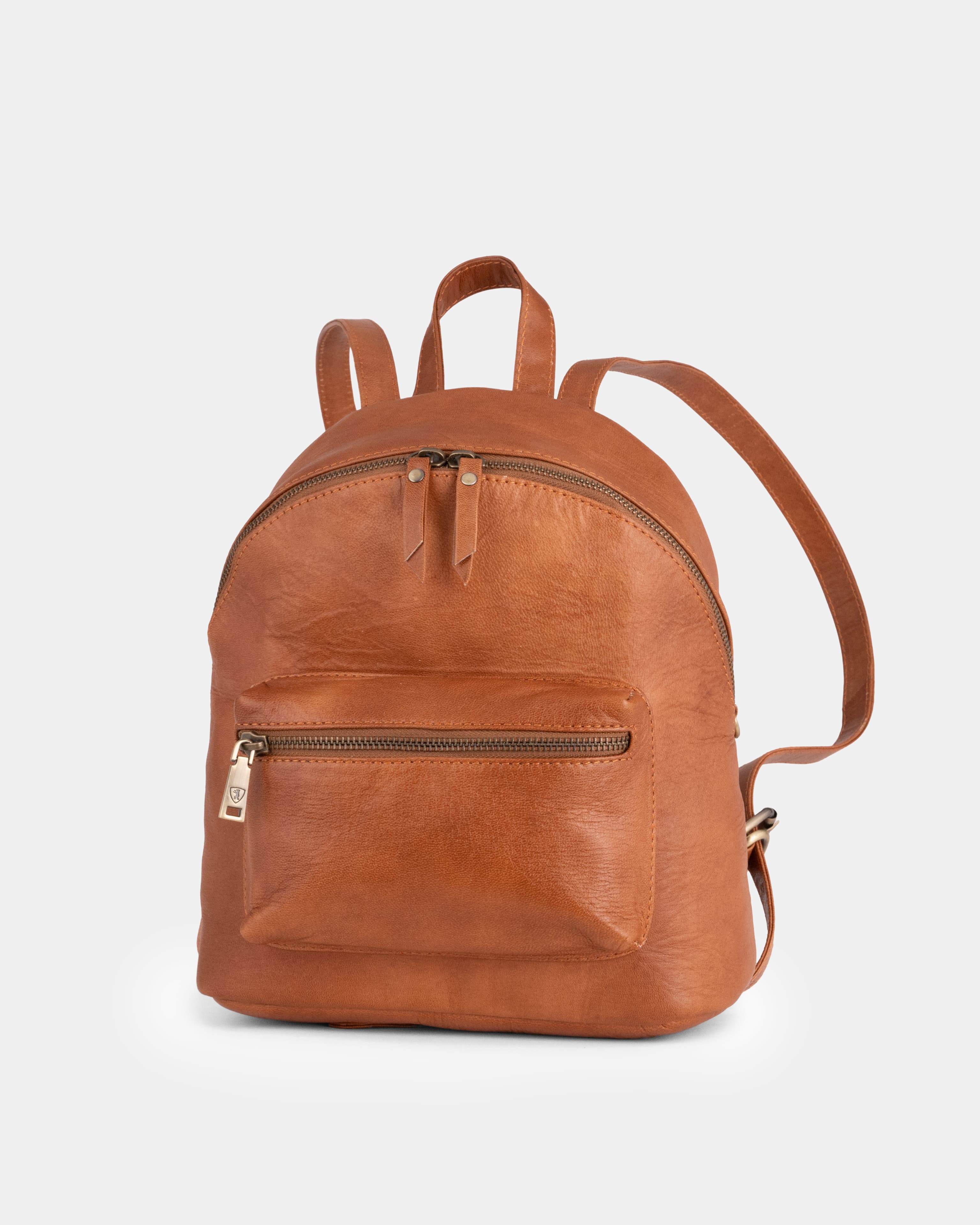 Front view of vintage leather zip-around backpack showcasing narrow shoulder straps.