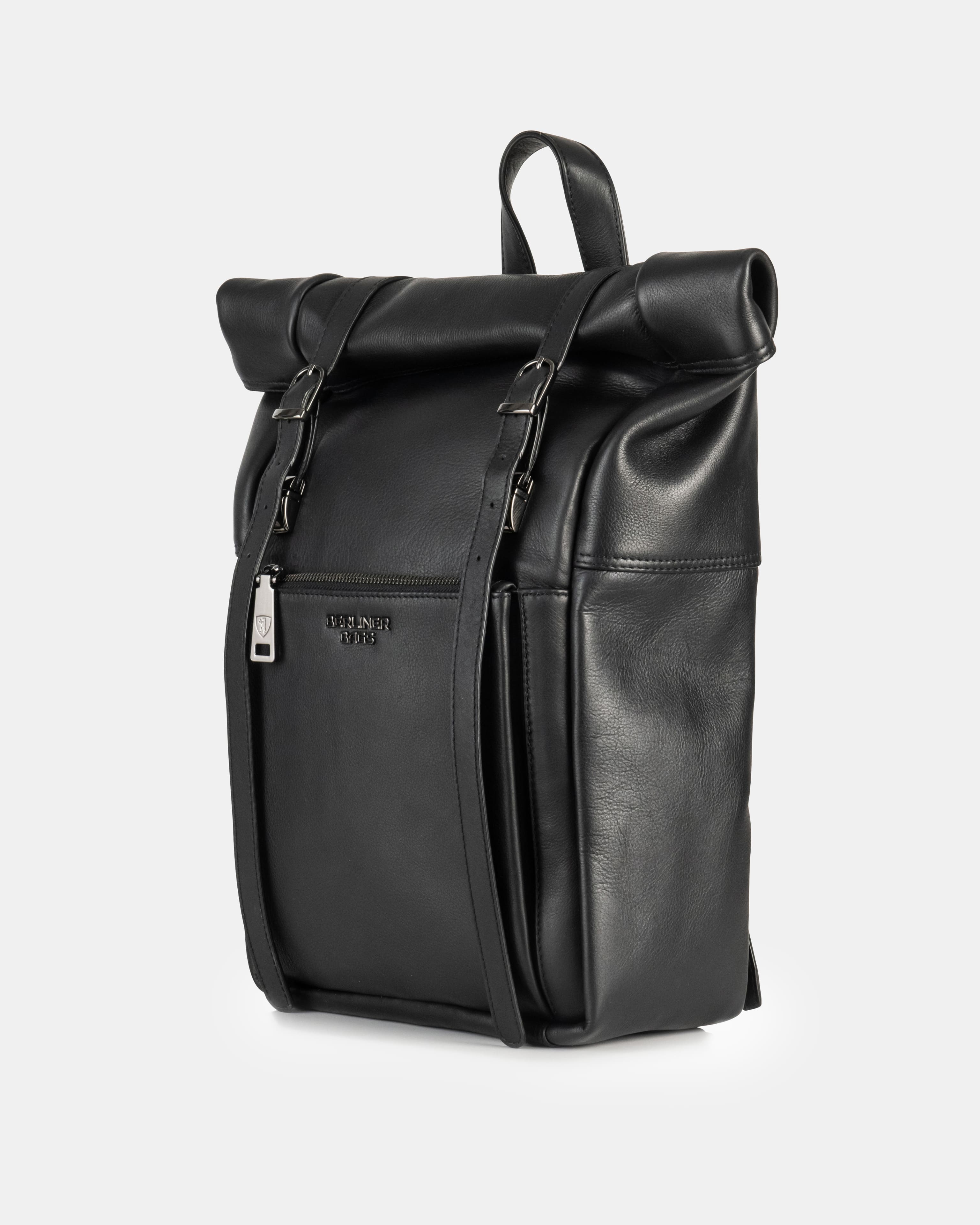 Front product view of a black leather roll-top backpack with an unrolled top and metal buckle closure