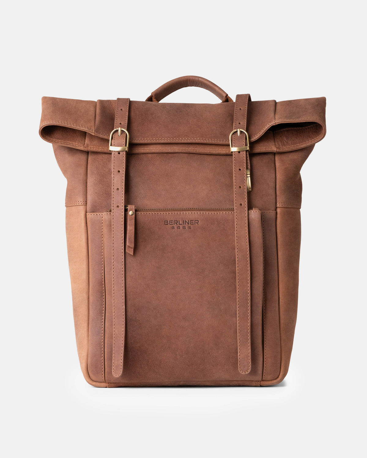 Front product view of a camel leather roll-top backpack with dual vertical buckle straps