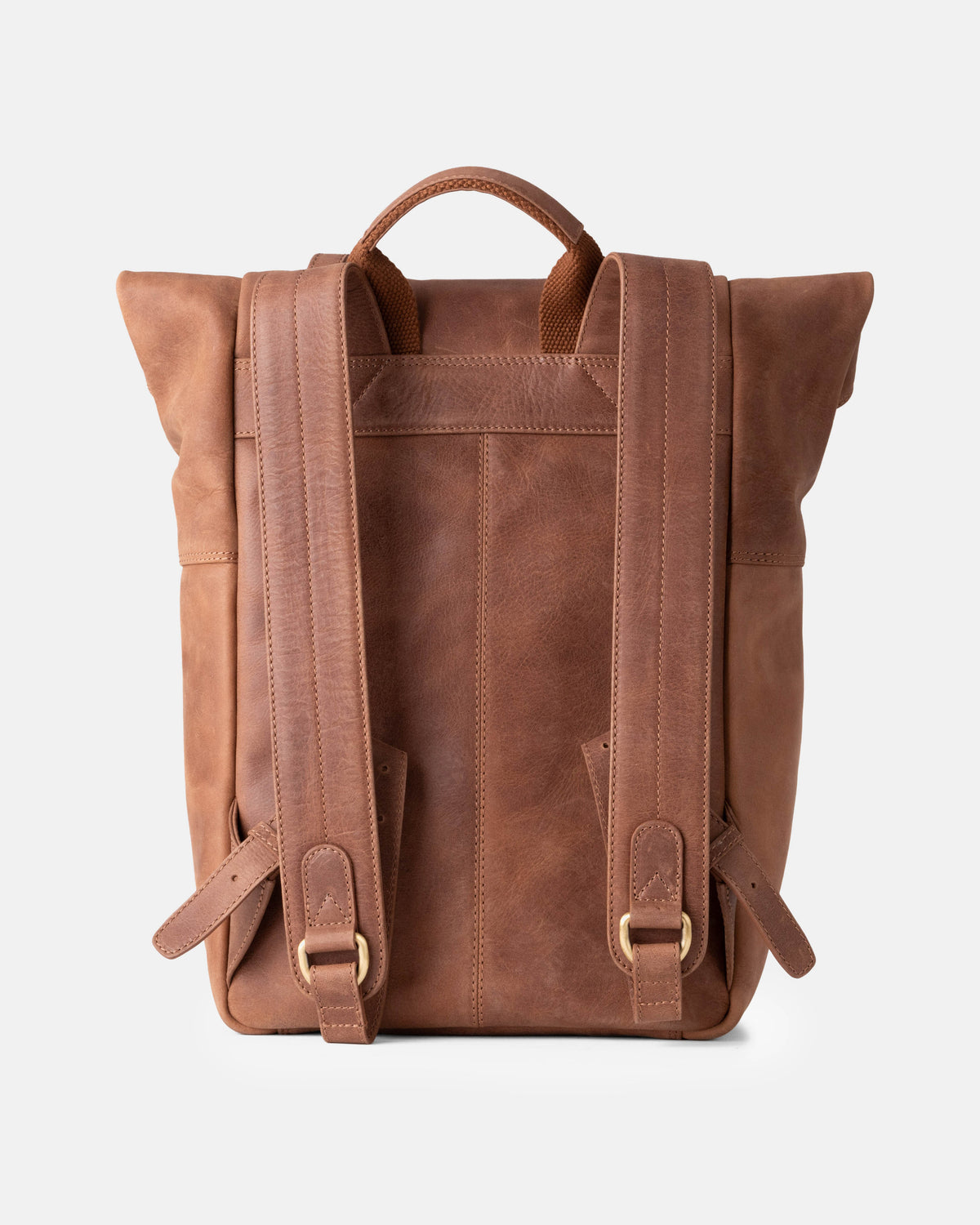 Back view of a camel leather roll-top backpack showcasing the adjustable shoulder straps
