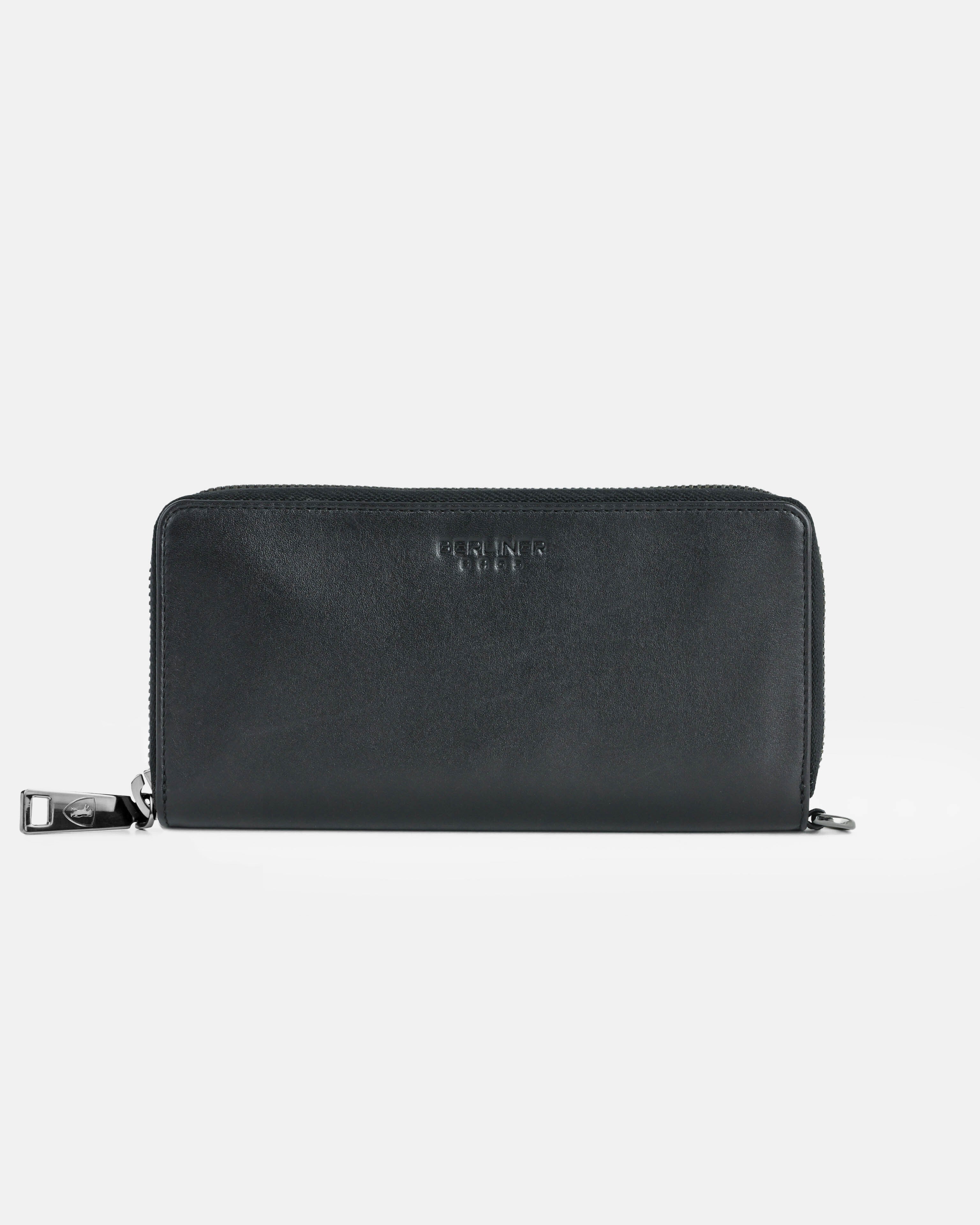 Front view of black emboss leather wallet