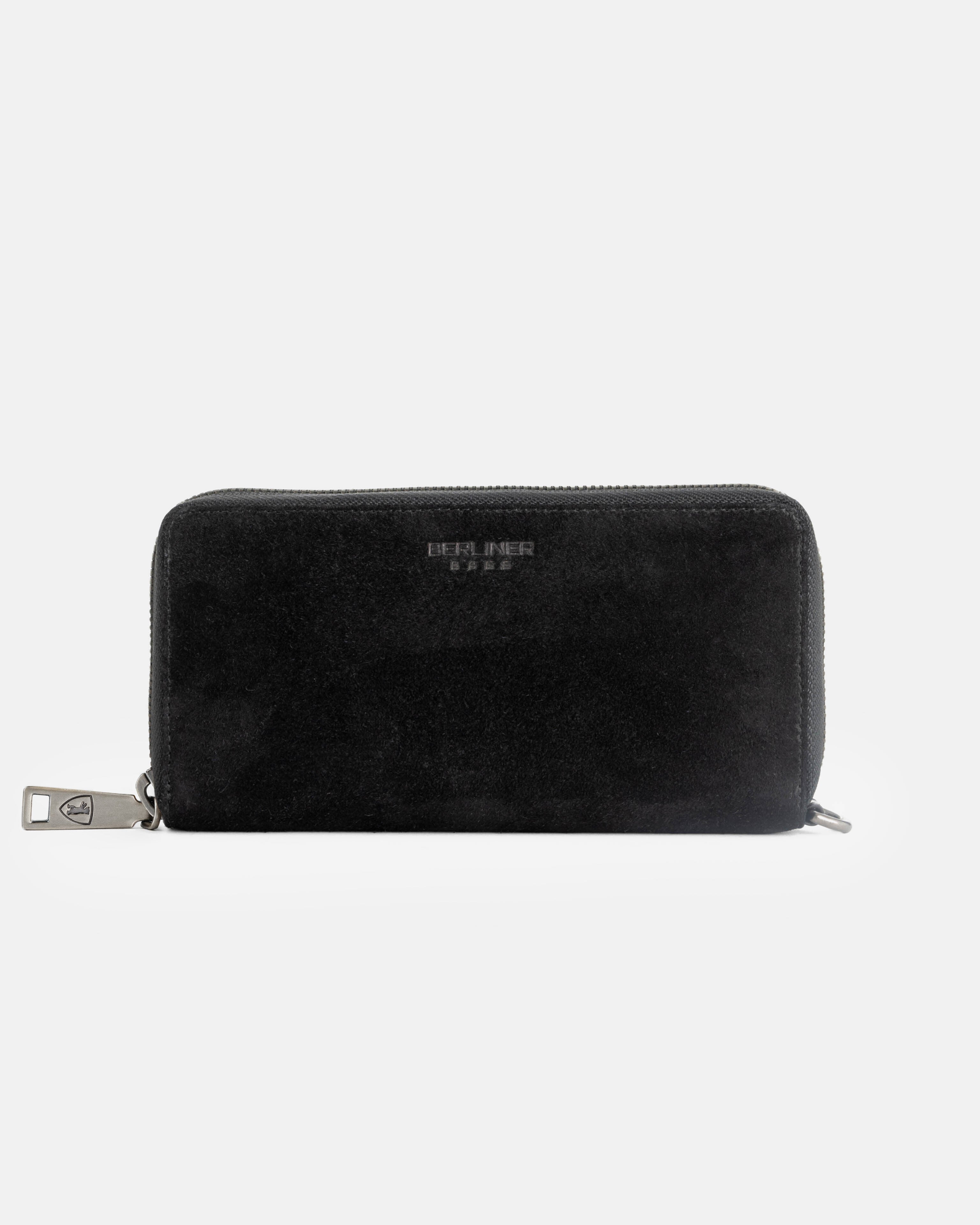 Front view of suede black leather wallet