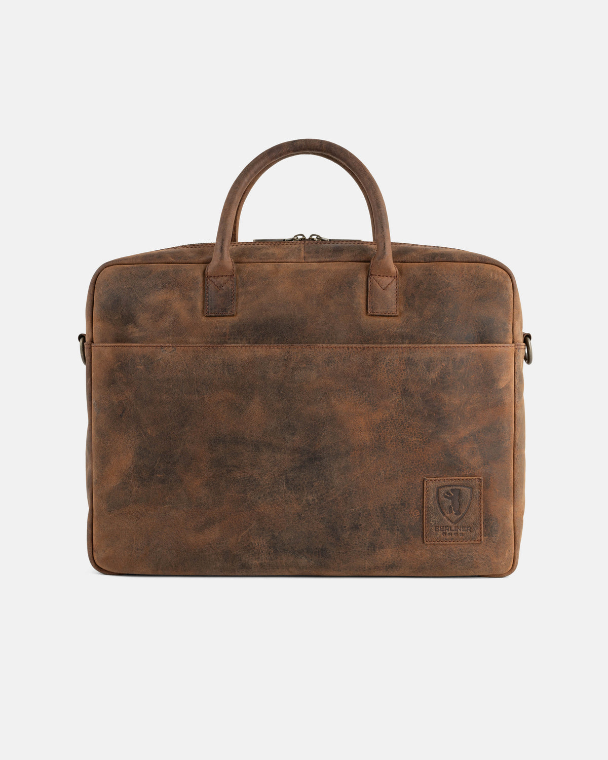 Distressed earth leather briefcase front view