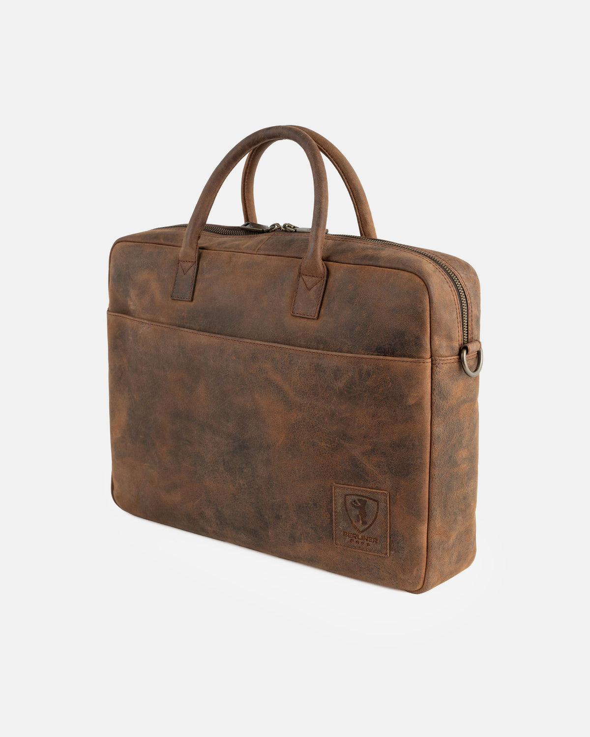 Side view of a earth leather briefcase