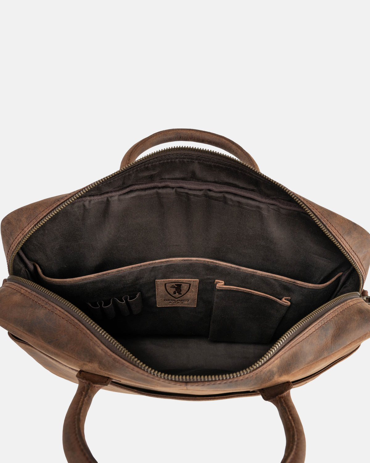 Inside view of a earth leather briefcase