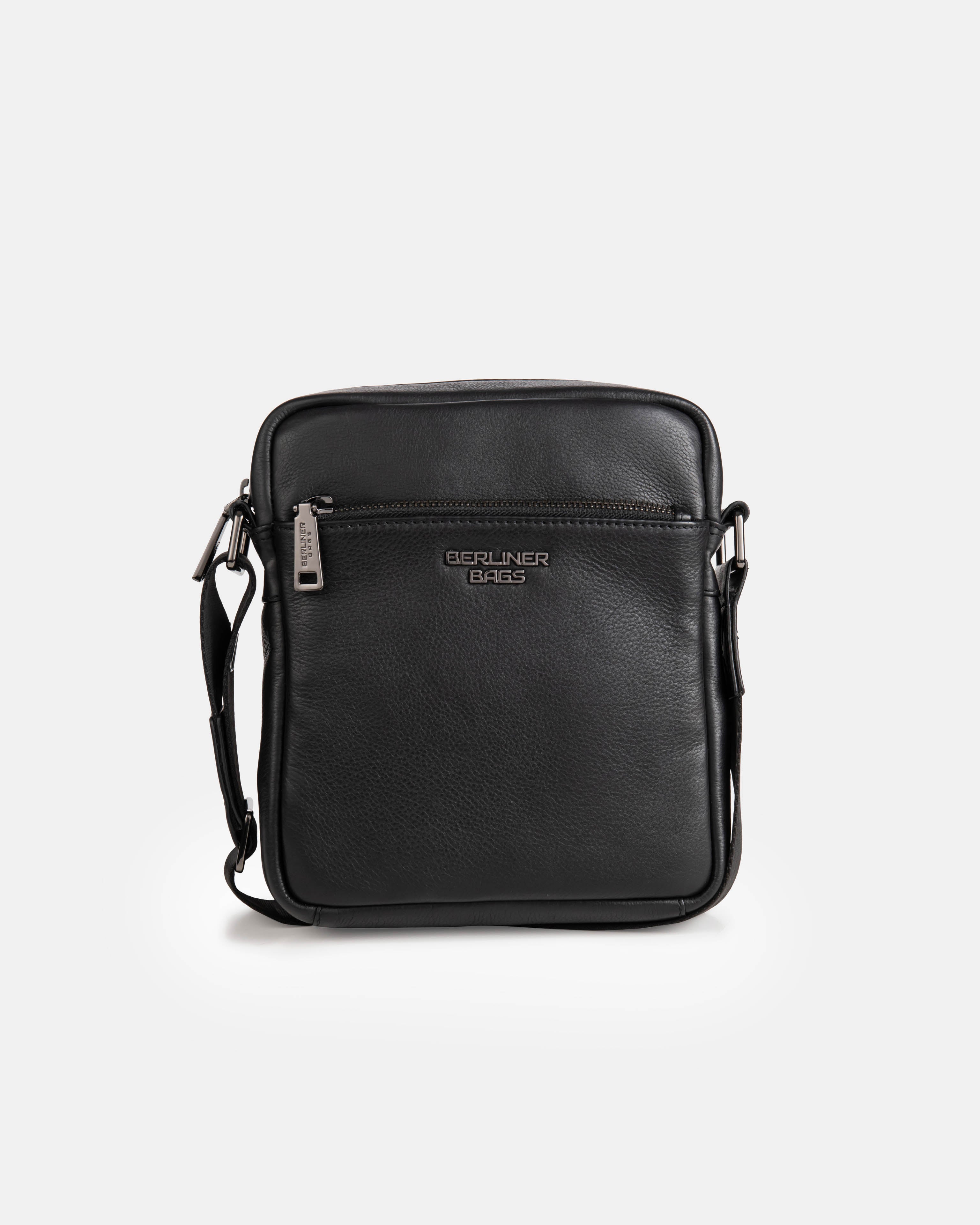 Black leather messenger bag with an adjustable strap