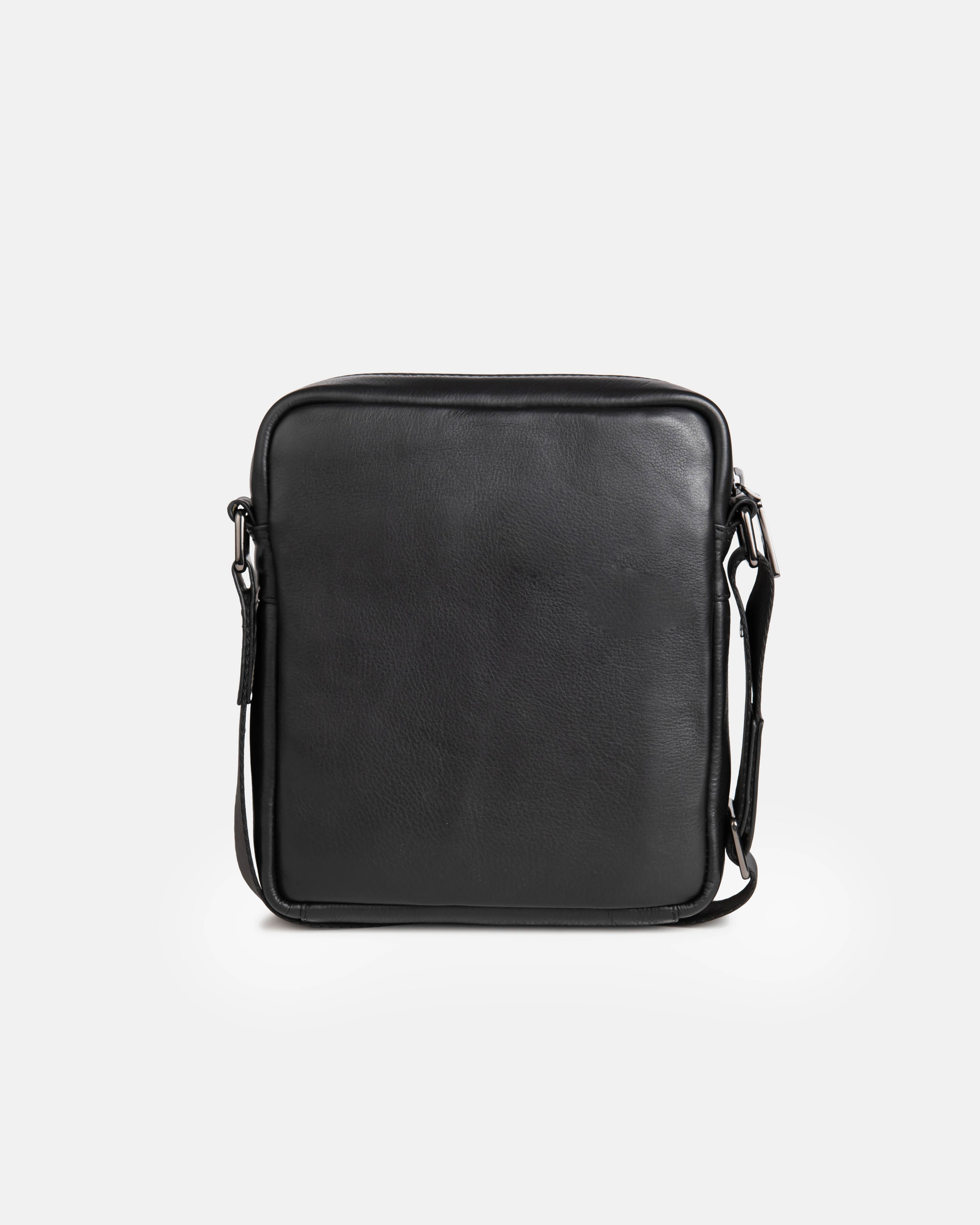 Back view of black leather messenger bag details