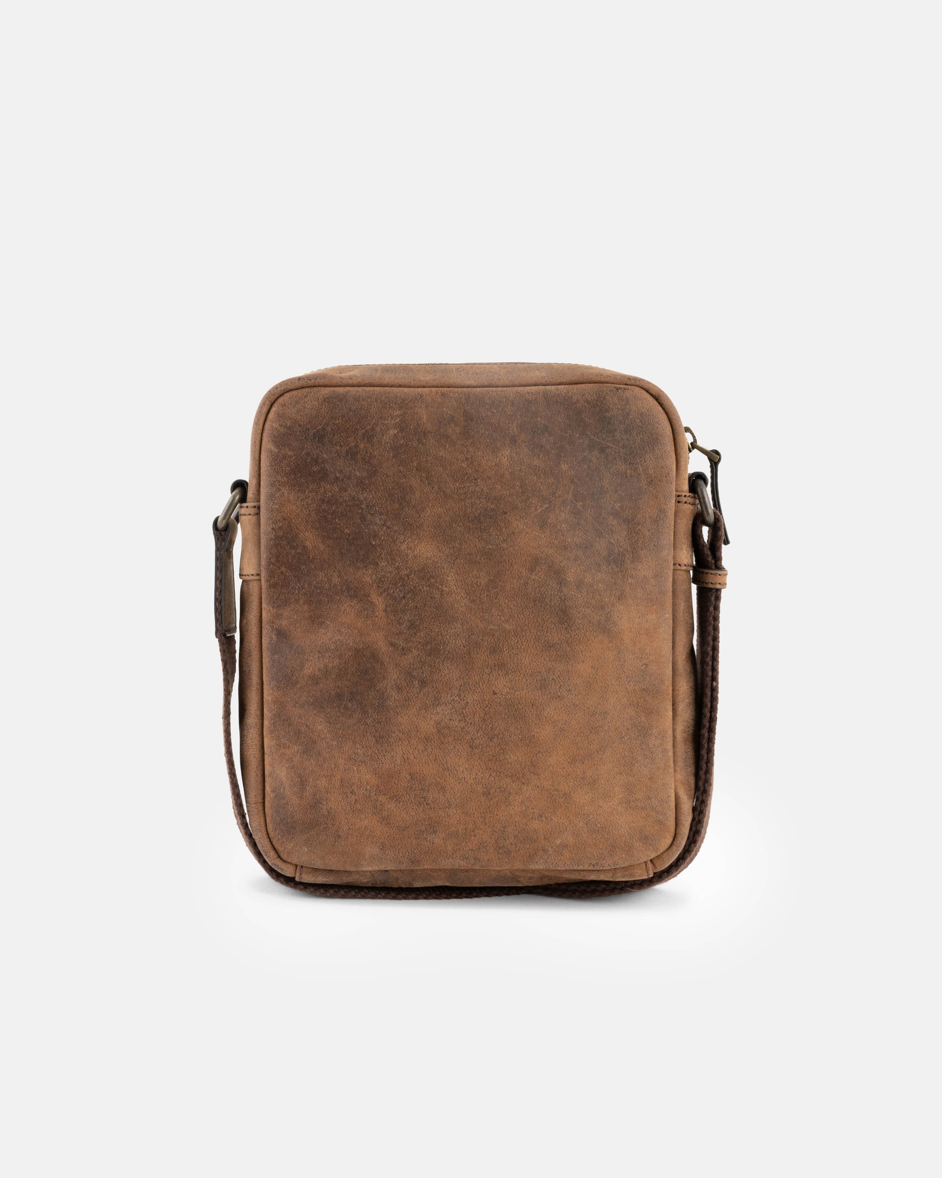 Back view of earth leather messenger bag details