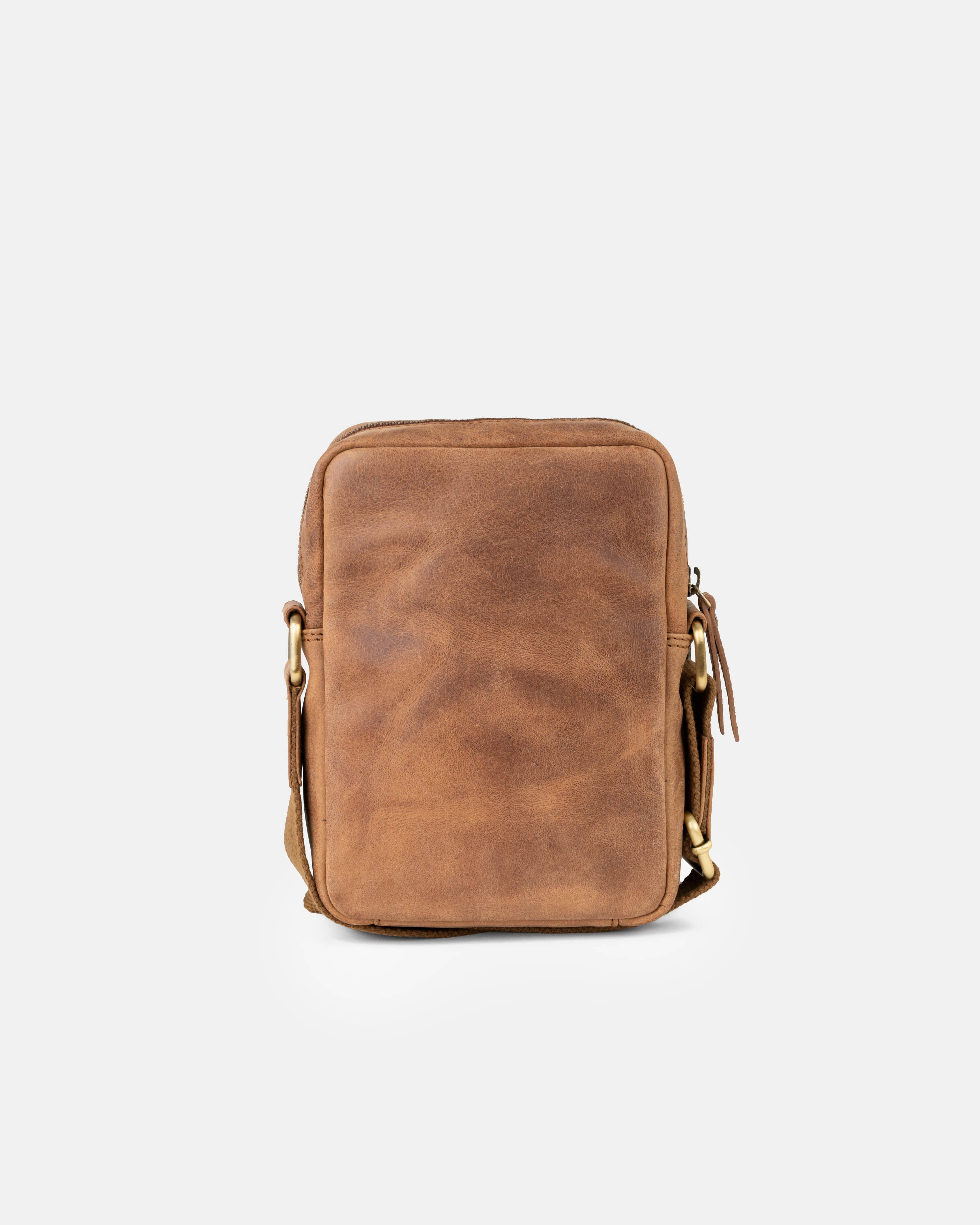 Back view of camel leather messenger bag details