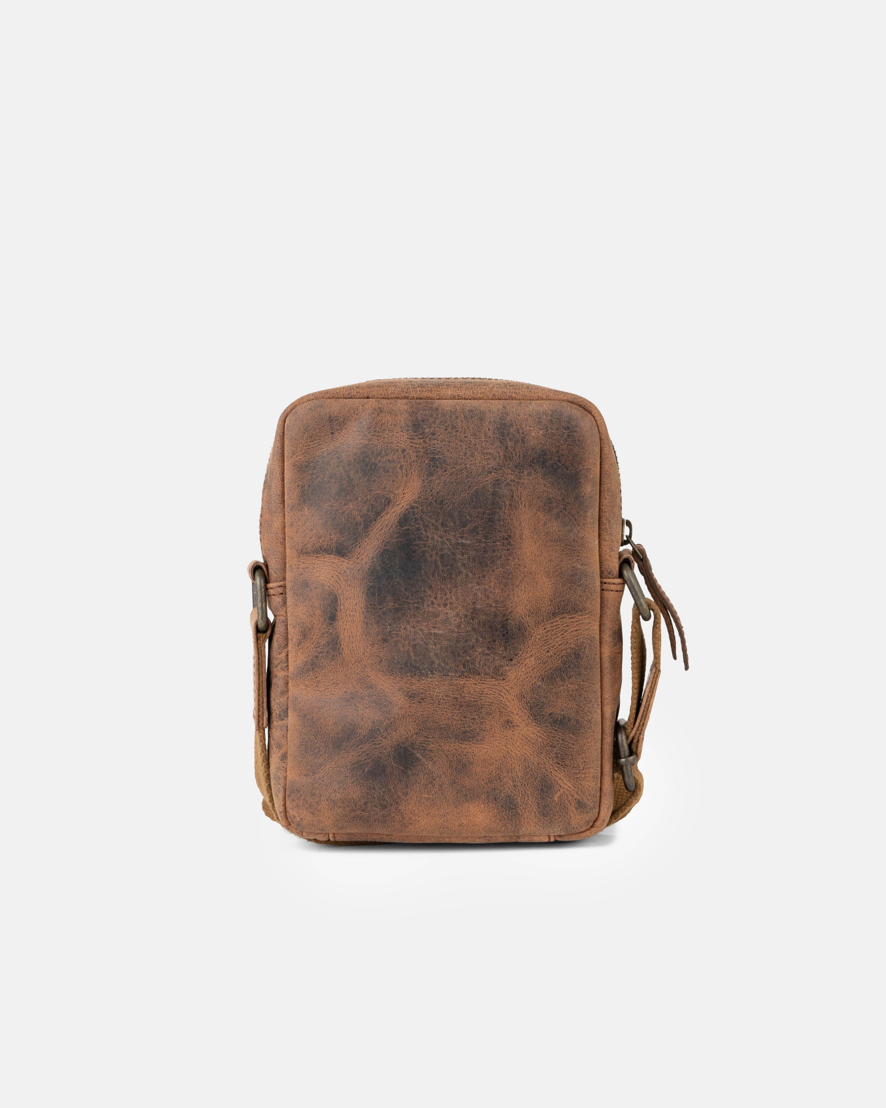 Back view of earth leather messenger bag details