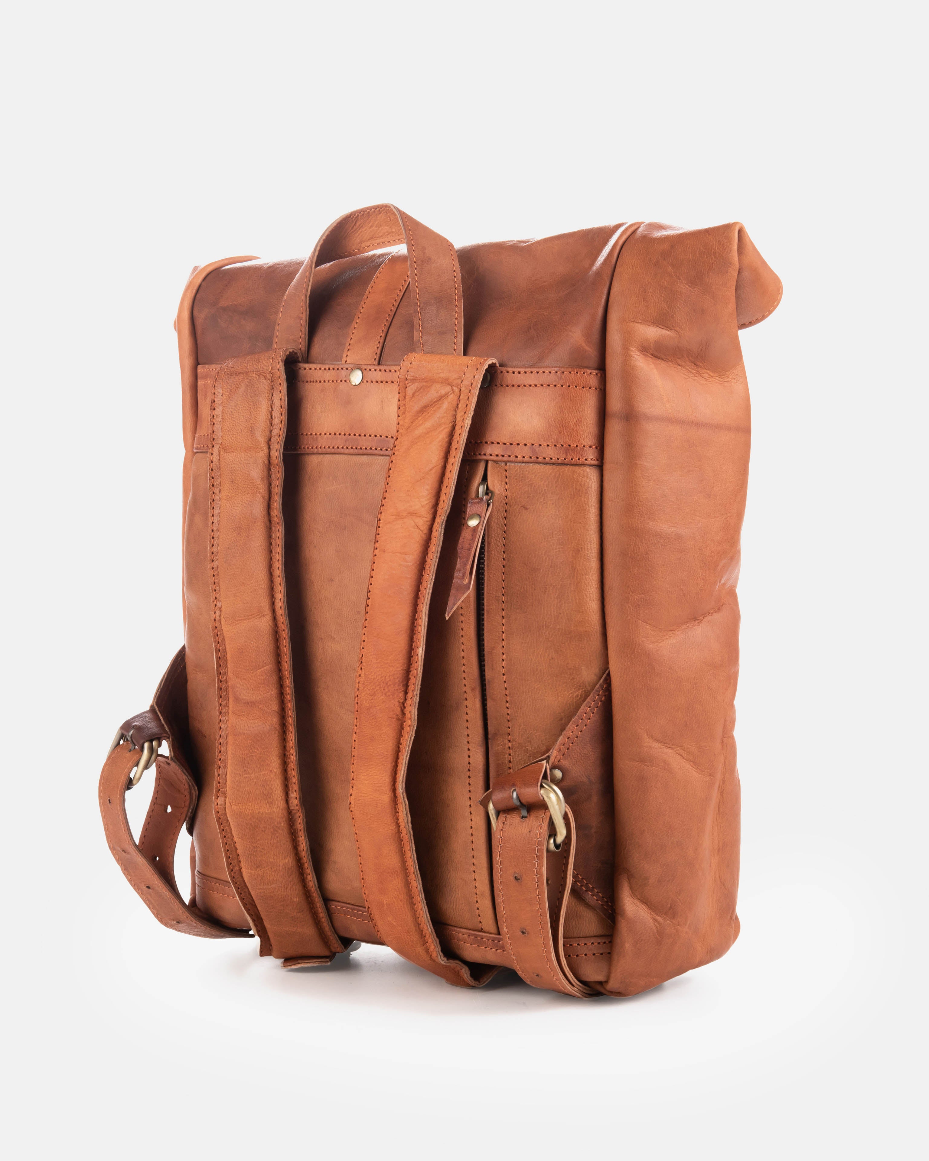 Back view of a vintage leather backpack bag with straps