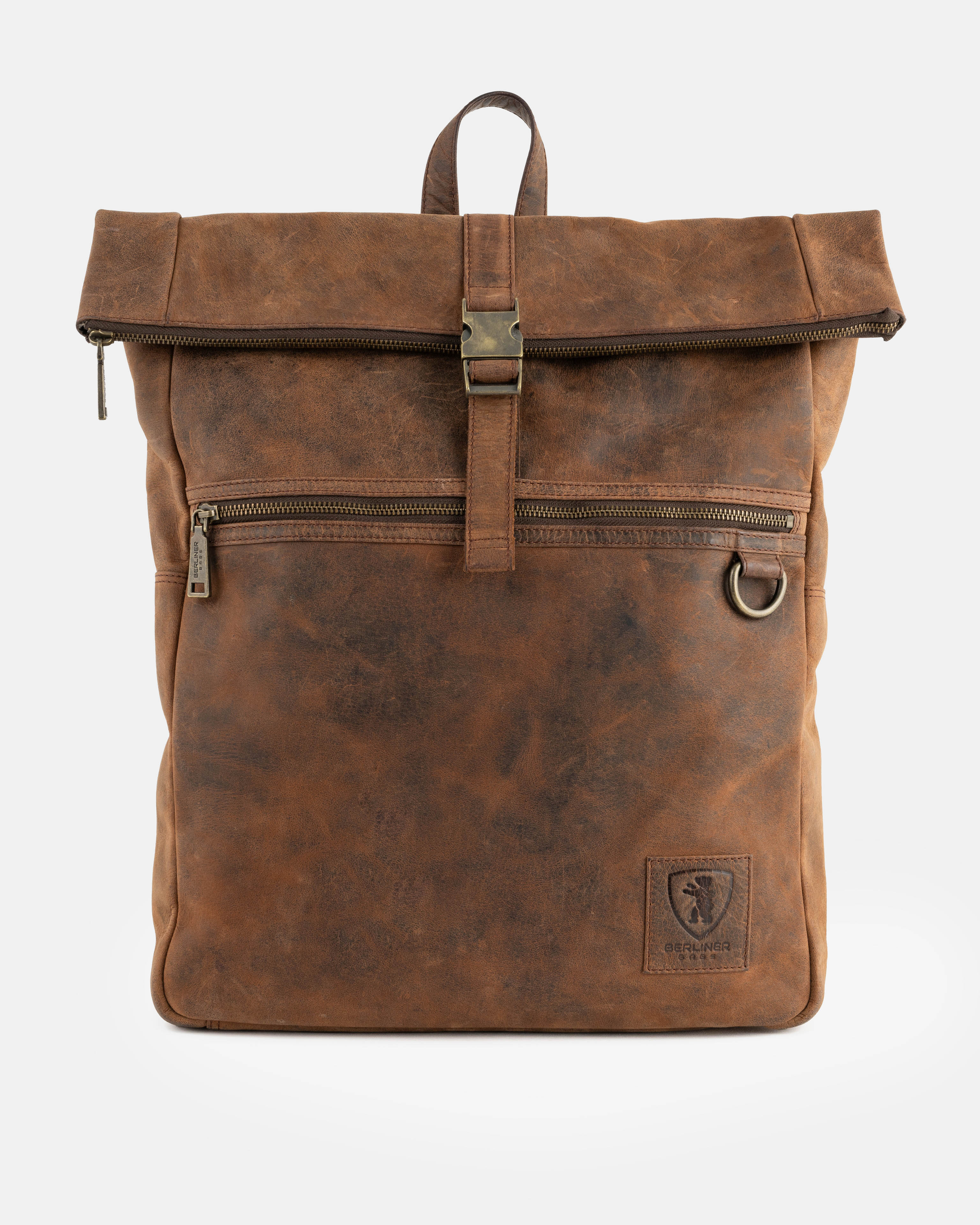 Front view of a earth leather roll-top backpack.