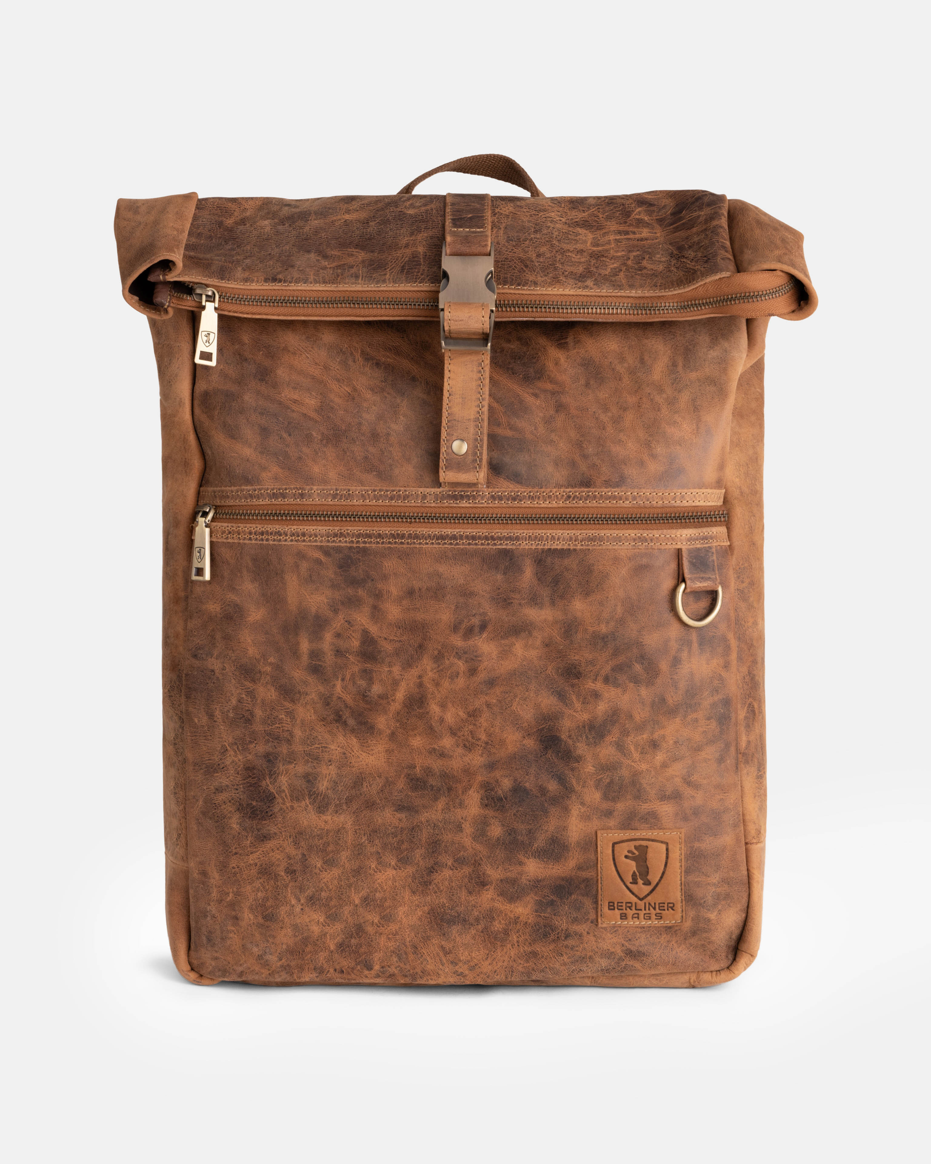 Front view of a walnut leather backpack bag