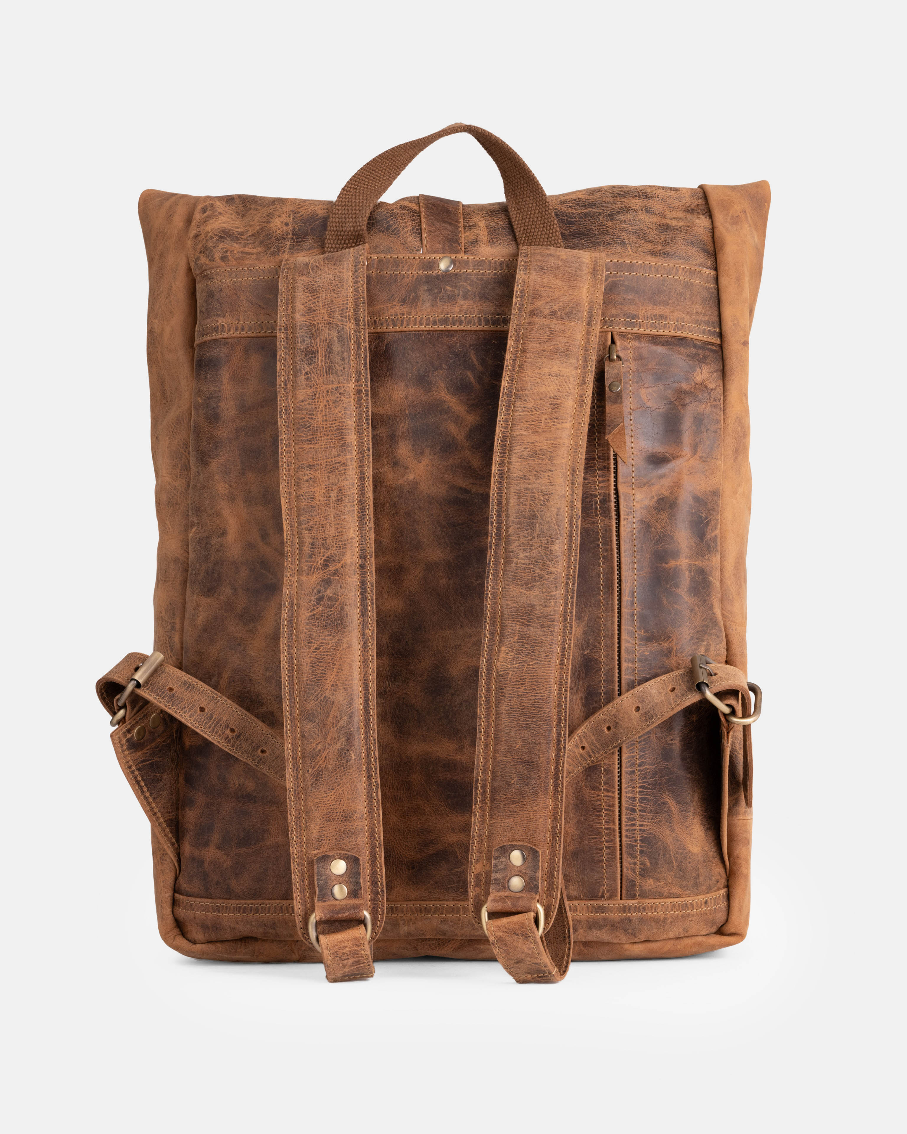 Back view of walnut leather backpack bag.