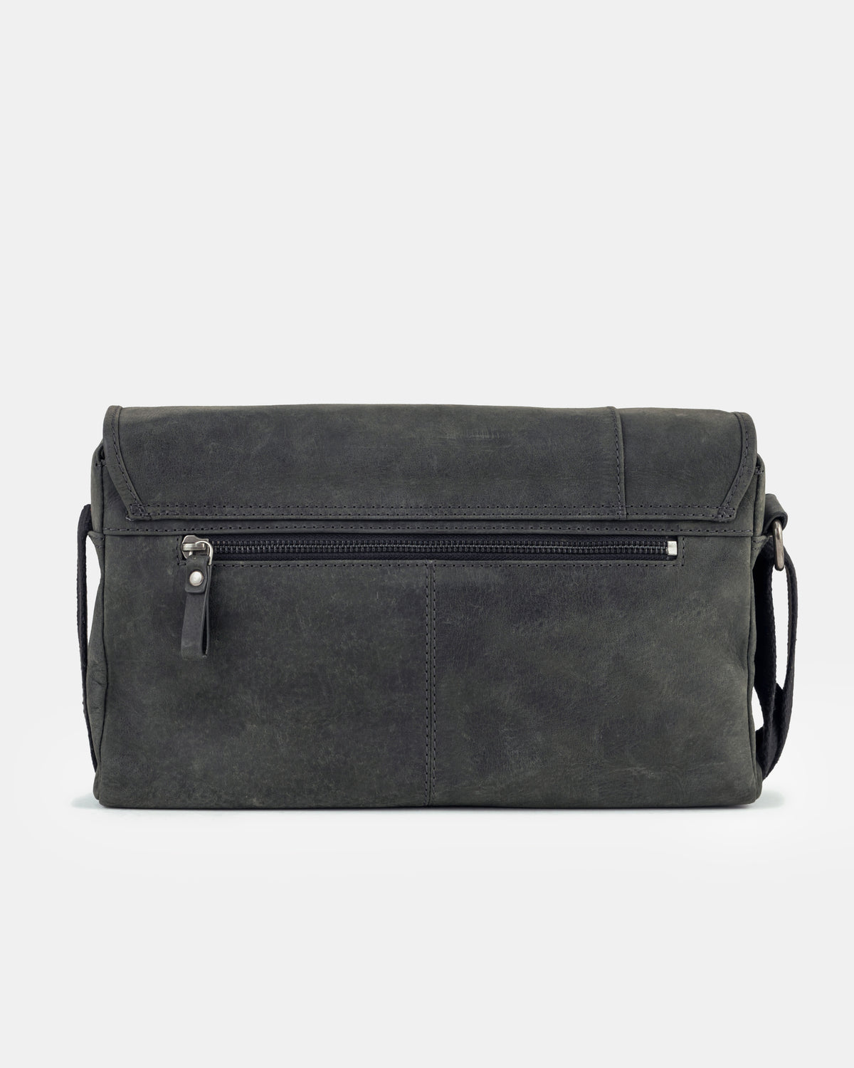 Back view of a dark grey leather messenger bag showing a horizontal zippered pocket
