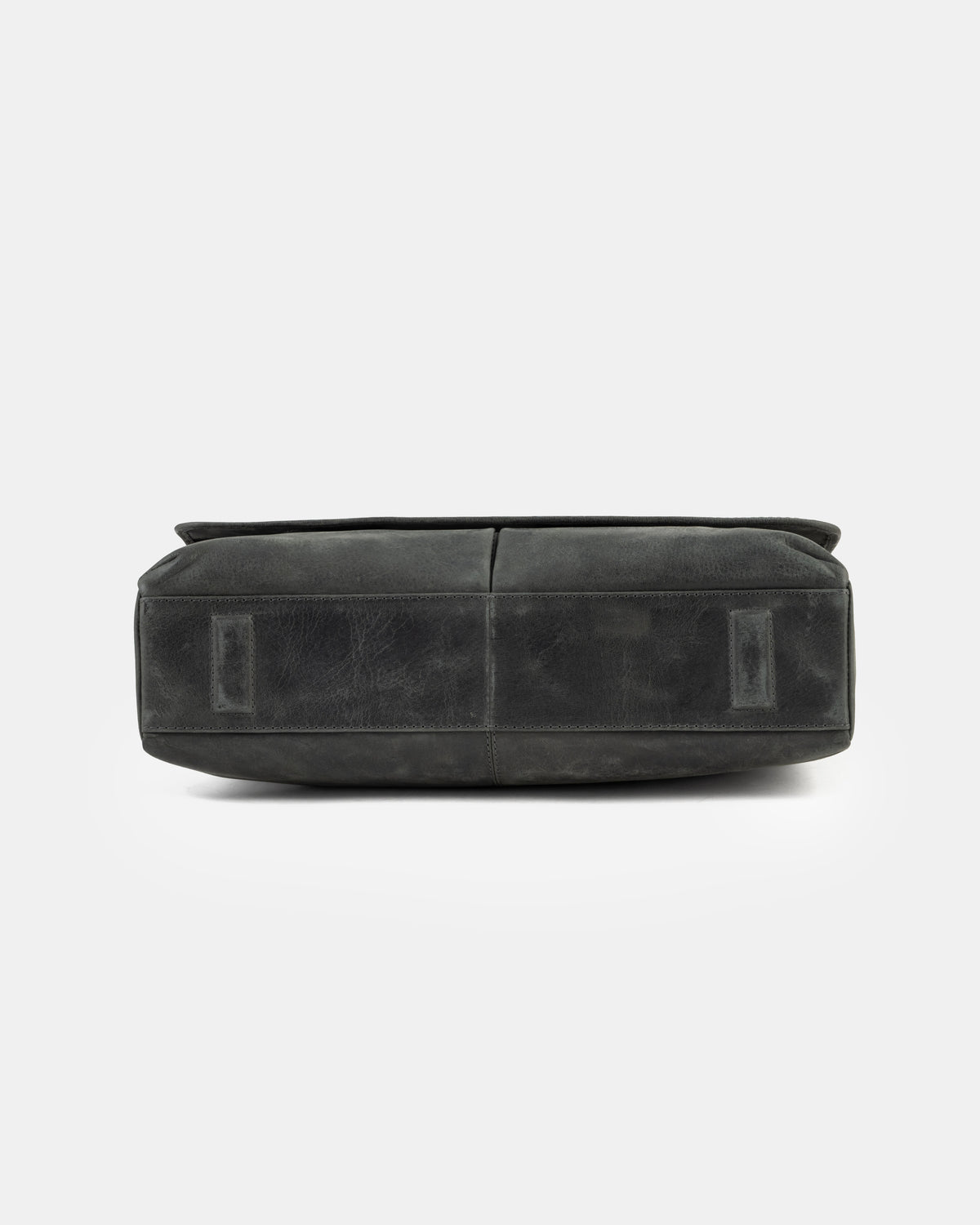 Bottom view of a dark grey leather messenger bag