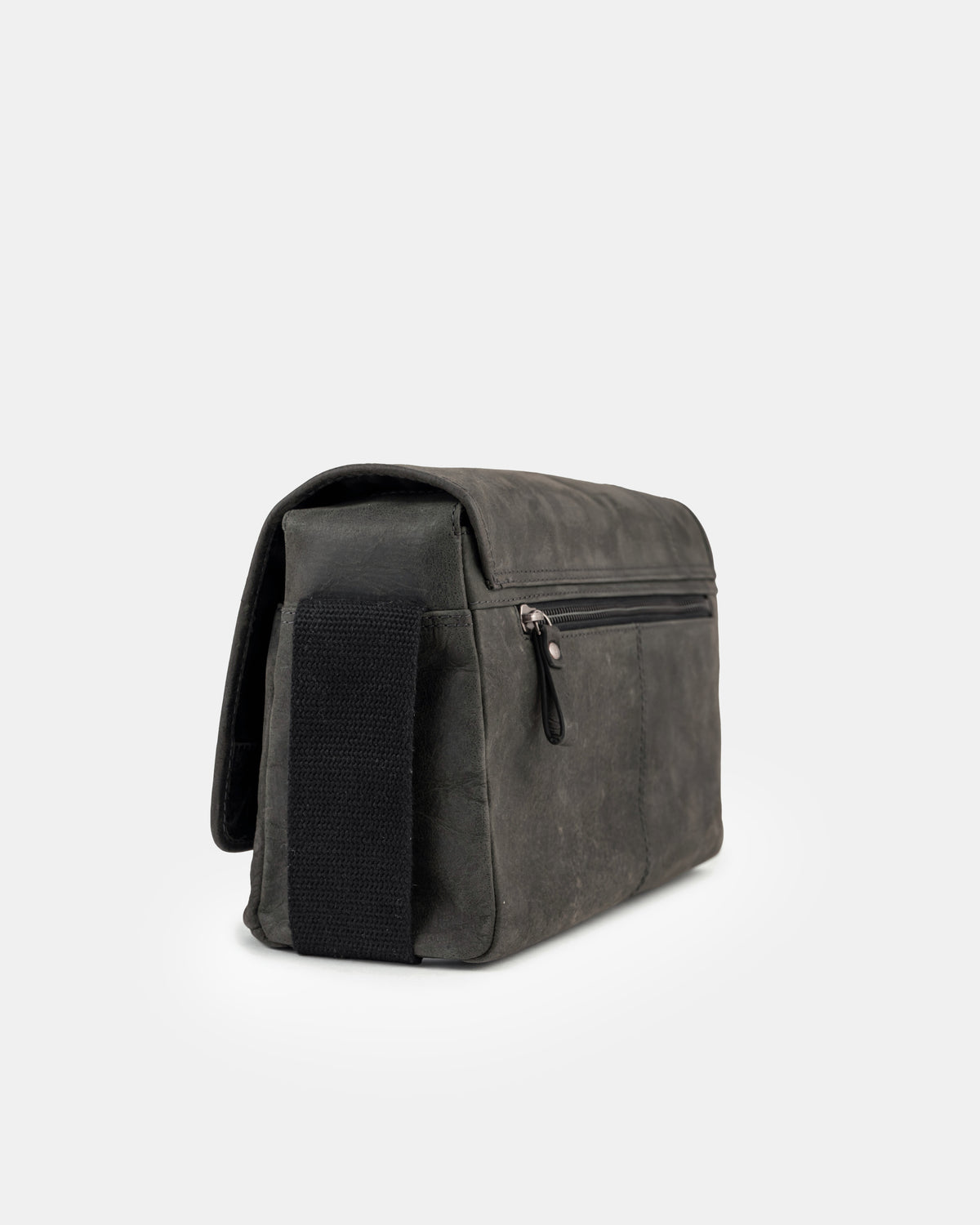 Three-quarter dark grey view of a black leather messenger bag without the shoulder strap