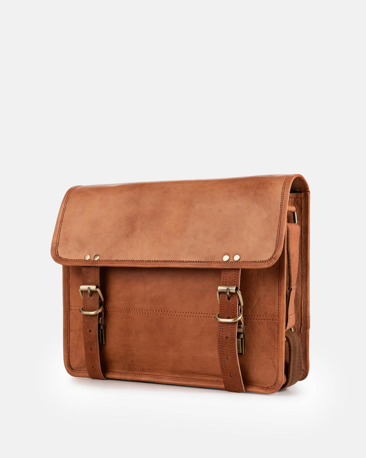 Angled front-right view of a vintage leather briefcase or satchel messenger bag featuring double buckle closures