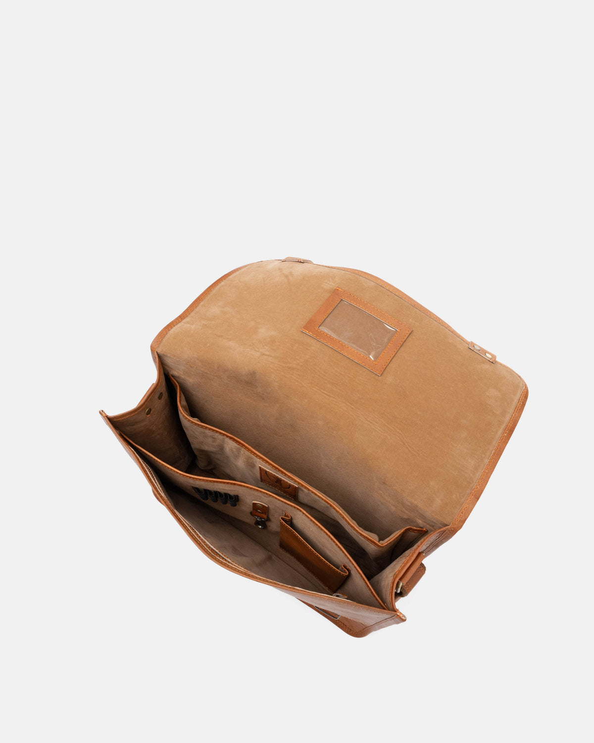 Top-down open view of a vintage leather briefcase or satchel messenger bag showing its empty internal compartments, pen holders, and small card slot