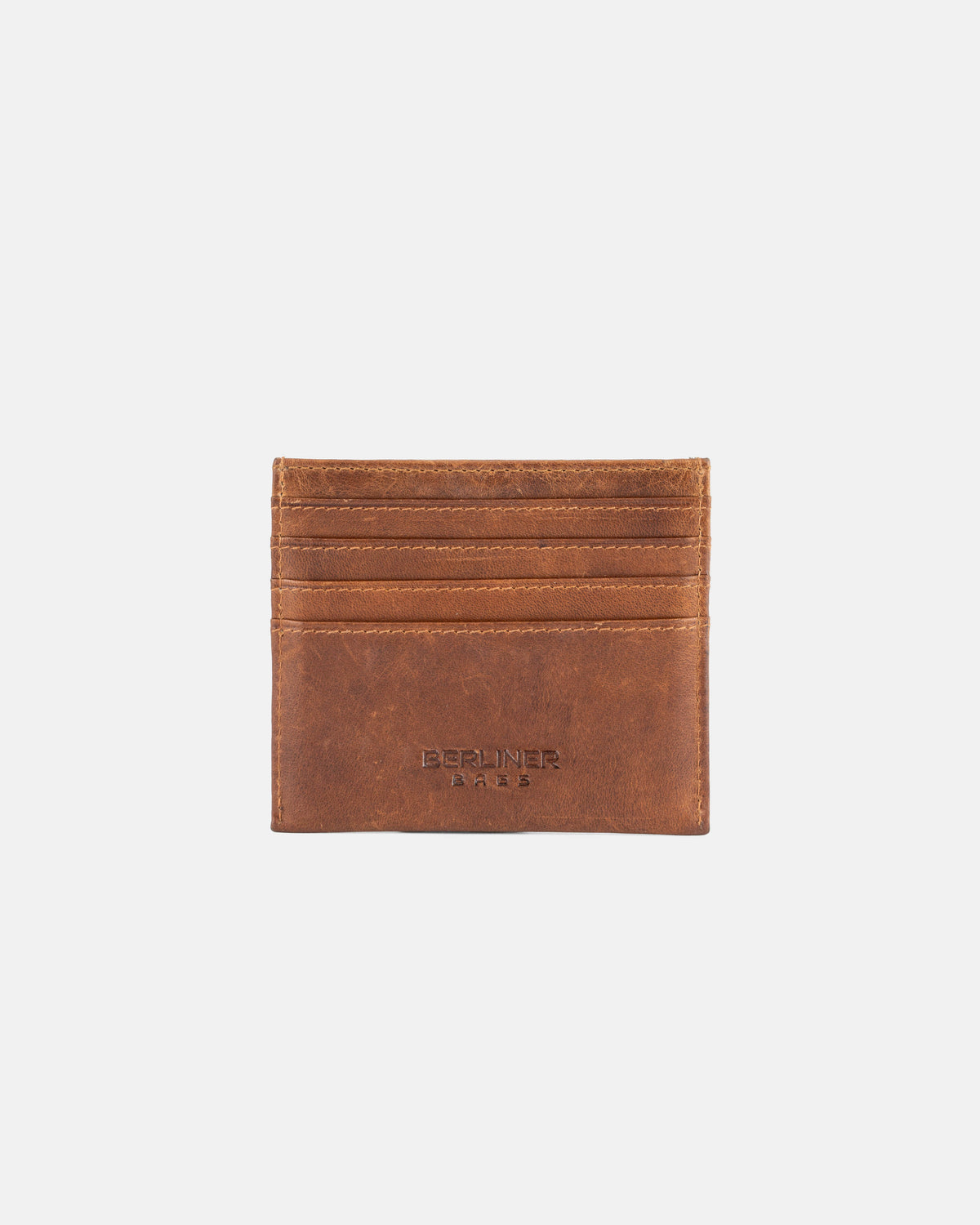 Front view of cognac leather card case